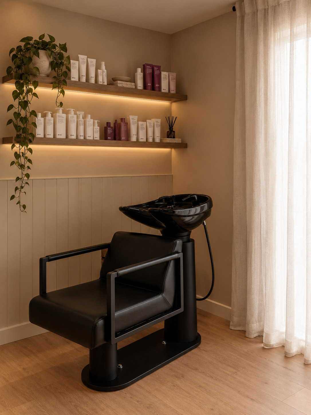 A black salon shampoo station with a chair and a sink, next to a curtain and shelves with hair care products, and a potted plant.