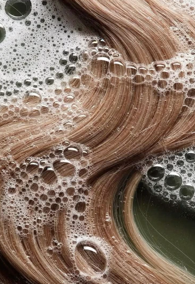 Close-up of brown hair with soap bubbles and foam