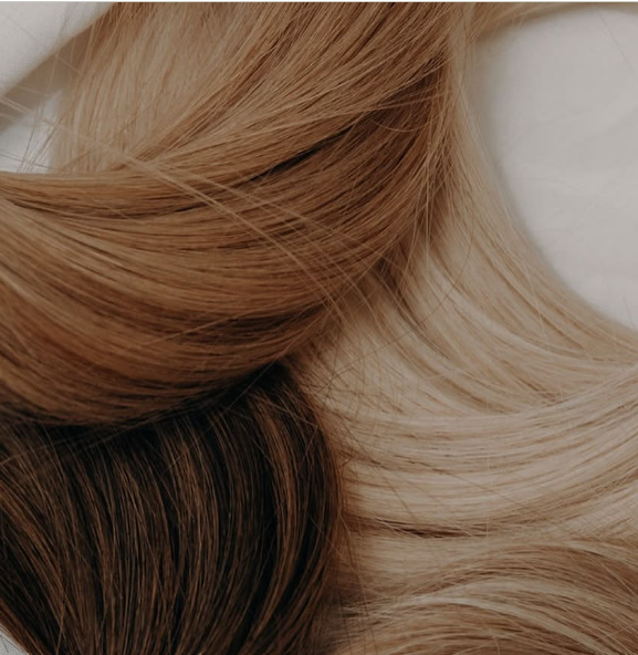 Close-up of various shades of blonde and brown hair strands.