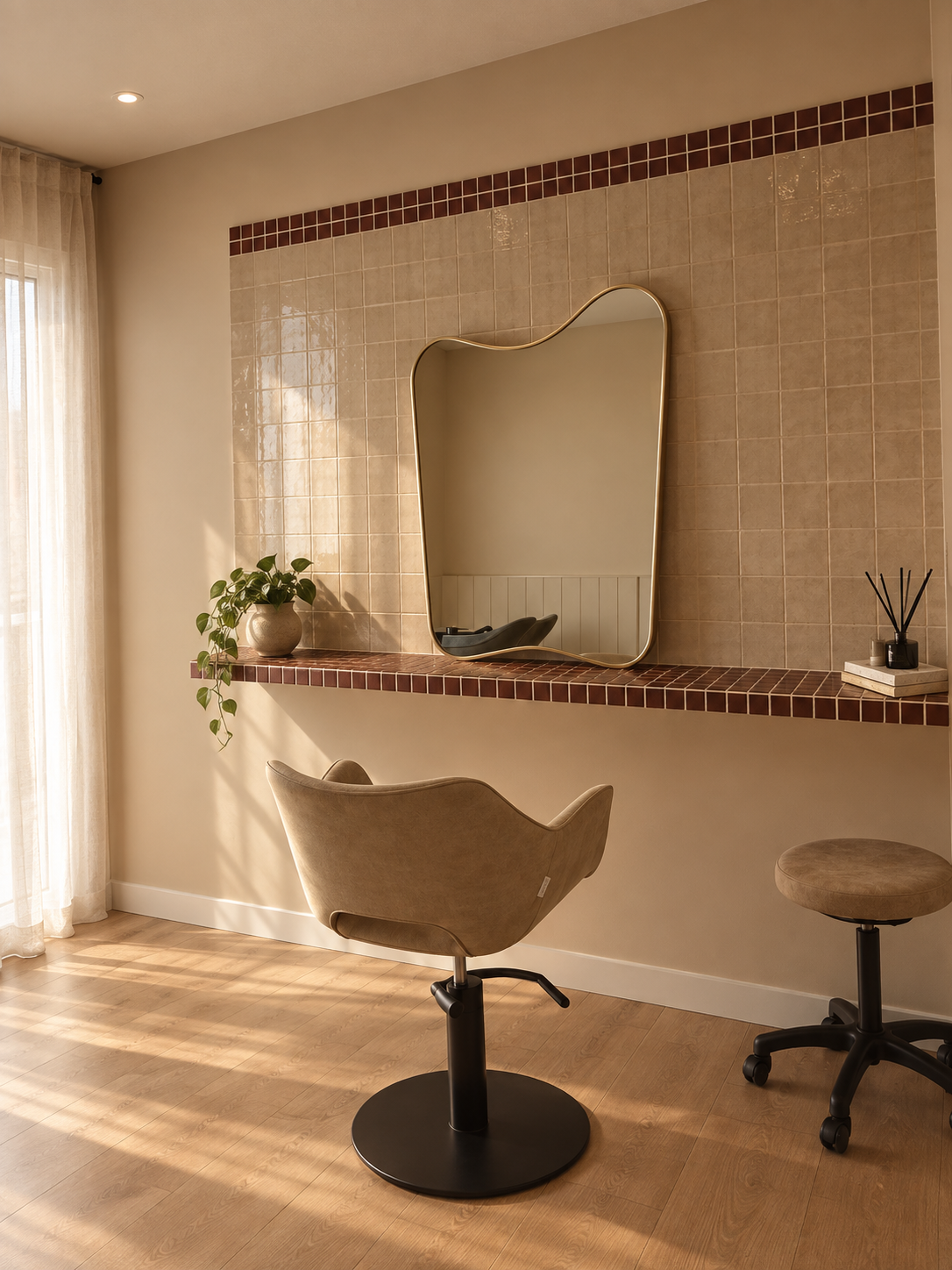 A salon station with a beige chair, a large bubbling mirror, a potted plant, and a small stool, illuminated by natural light from a nearby window.