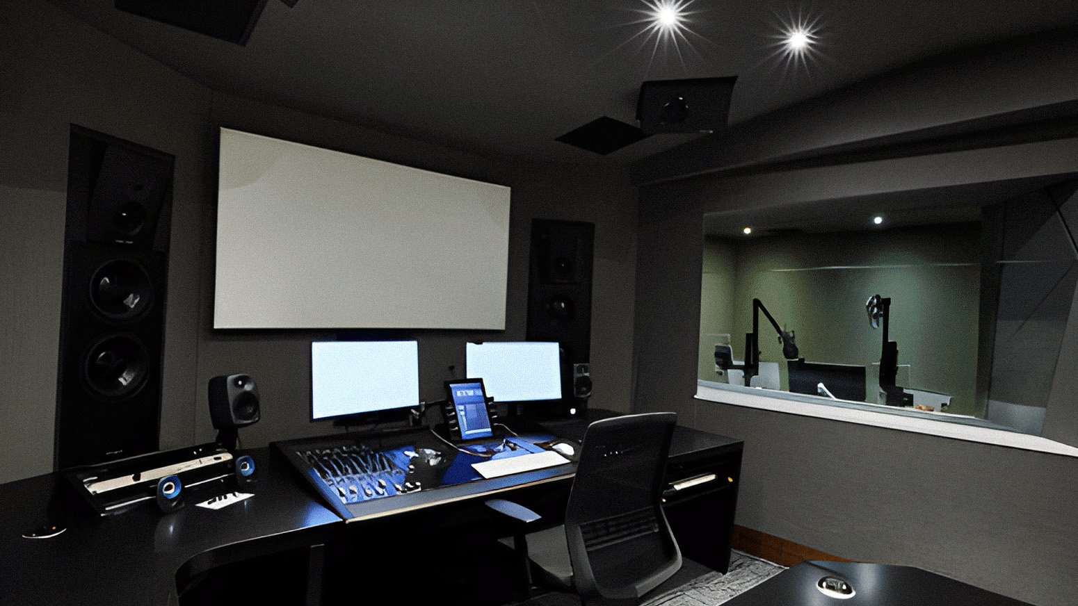 A recording studio control room with a large blank white screen, multiple monitors, professional speakers, and audio equipment on a black desk, with a view into the adjacent recording studio through a window.