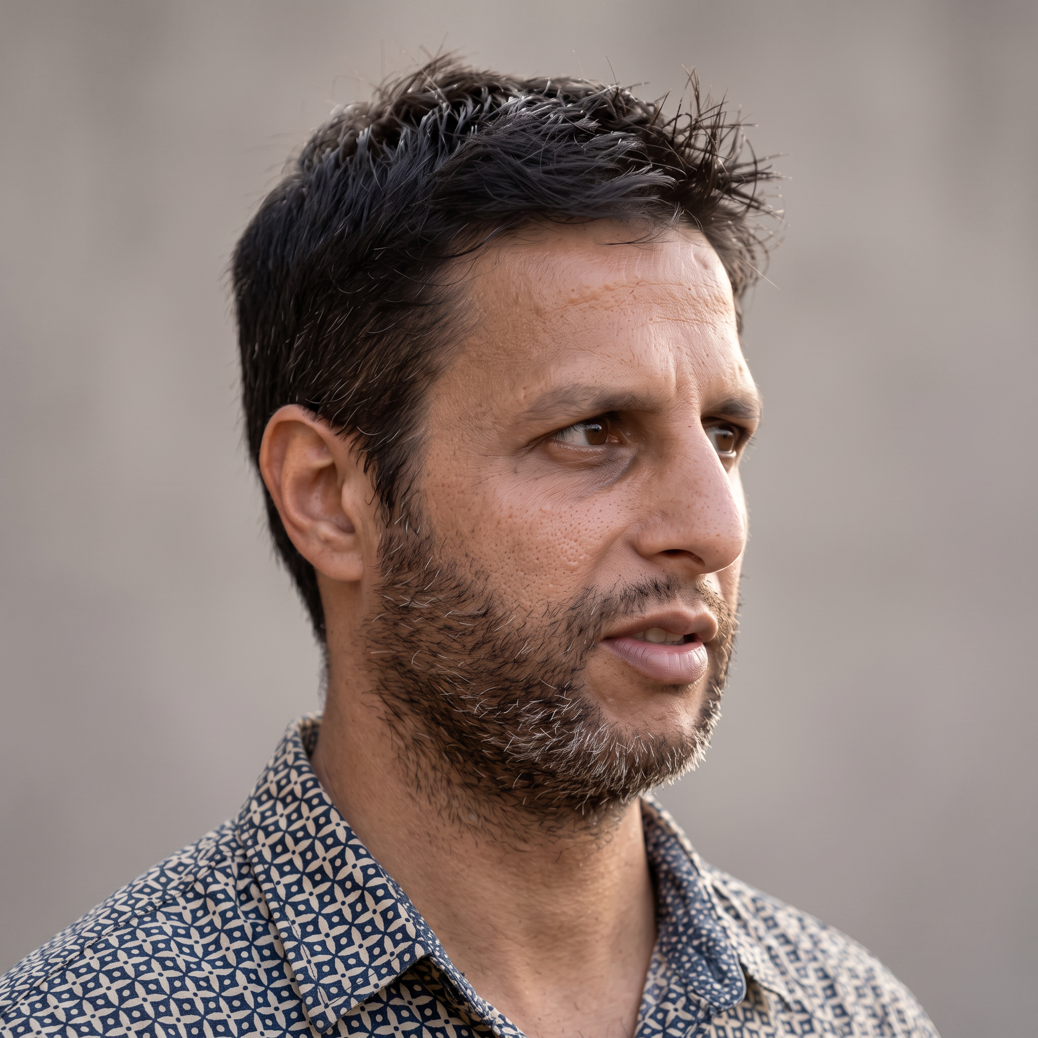 Close-up of a man's face showing the forehead, hair, eyes, and part of his nose and mouth. The man has dark, slightly curly hair, brown eyes, and some facial hair, with a background that is out of focus.