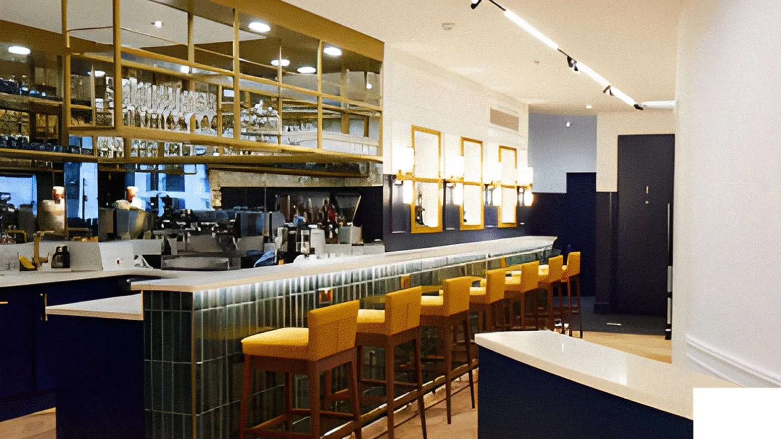 Interior view of a modern bar or restaurant with a bar counter, yellow chairs, and a backlit wall display, featuring warm lighting and contemporary decor.