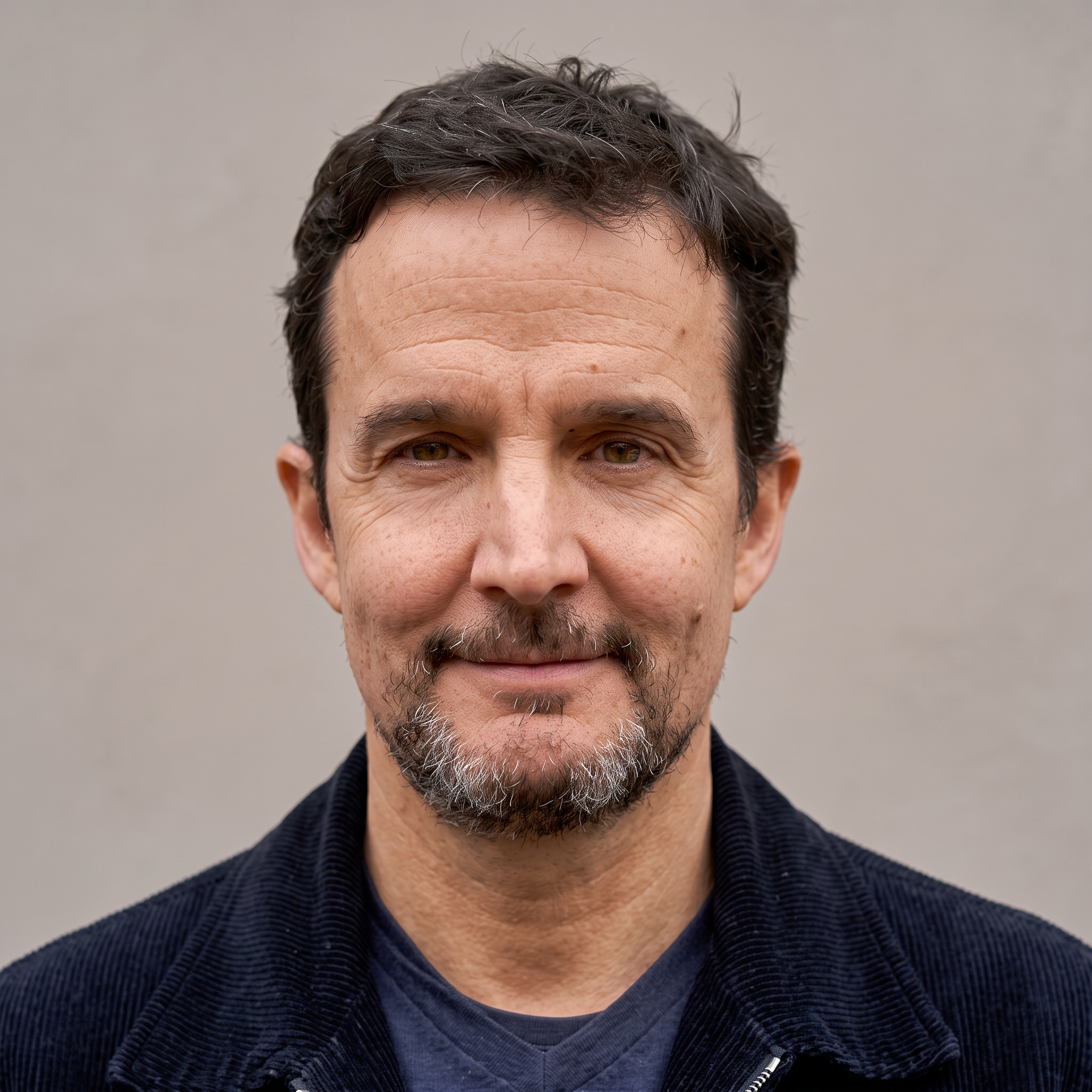 Close-up of a man's forehead, eyes, nose, and beard, with dark brown hair and some gray strands, wearing a dark-colored textured jacket or sweater against a plain neutral background.