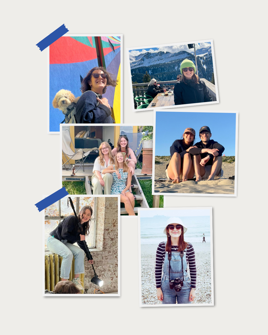 Collage of six photos featuring people enjoying outdoor activities and scenic locations, including a woman with a dog, a woman with mountains, a group of three women on stairs, a couple on the beach, a woman holding a light, and a woman with a camera at the beach.