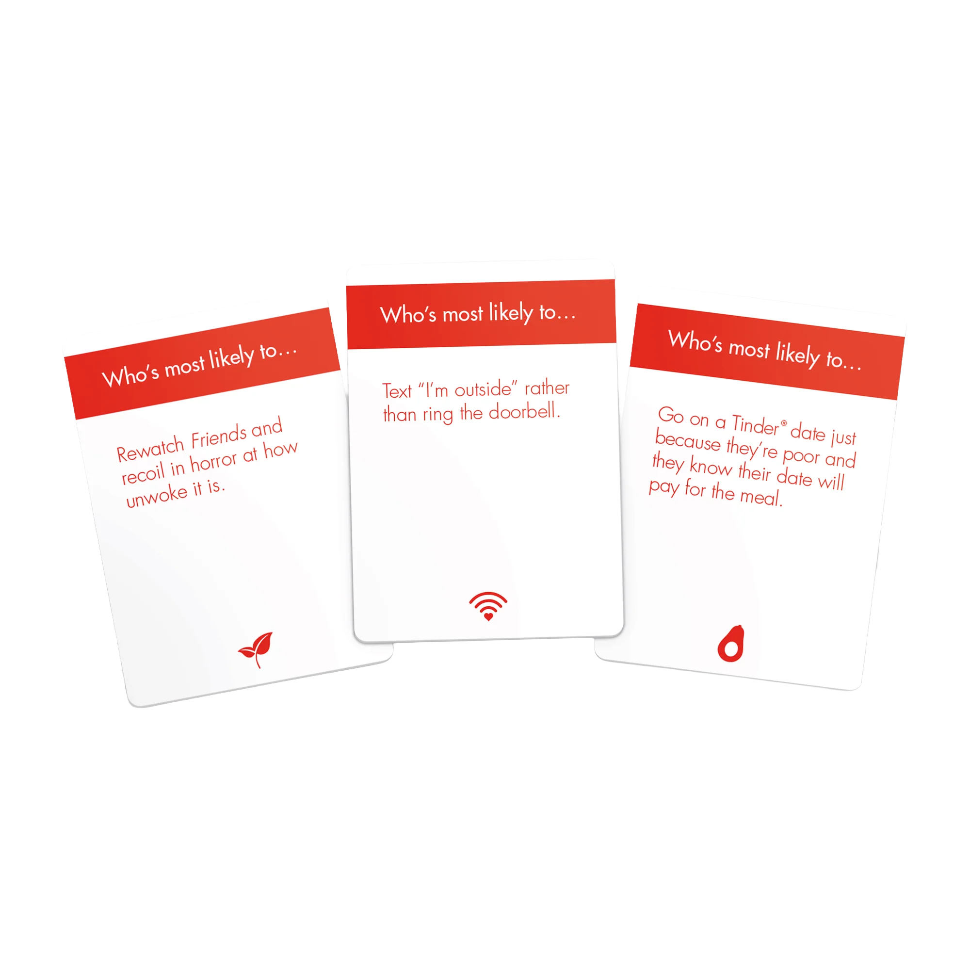 Close-up image of multiple answer cards from a card game with prompts related to relationship behaviors, including inquiring about the last date and preferences, on a black surface.