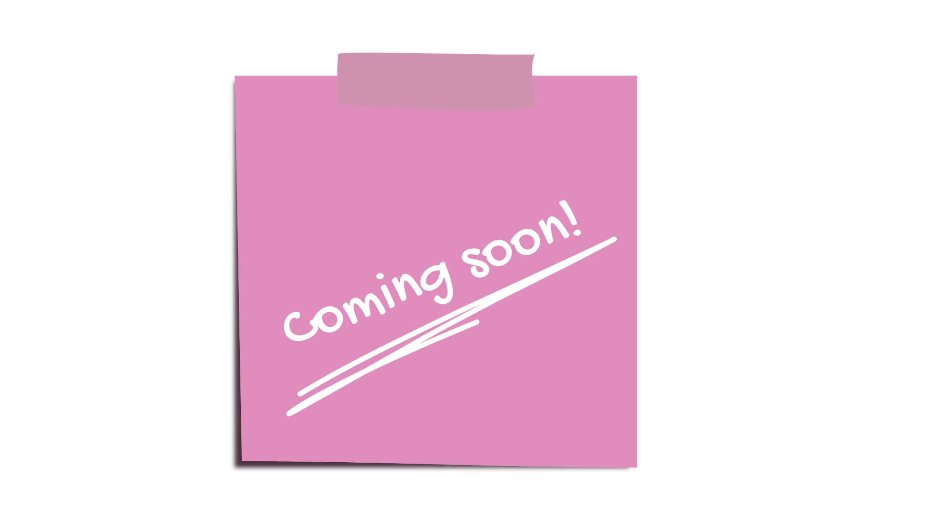 Pink paper bag with a purple sticky note on top and white text that says 'coming soon!'