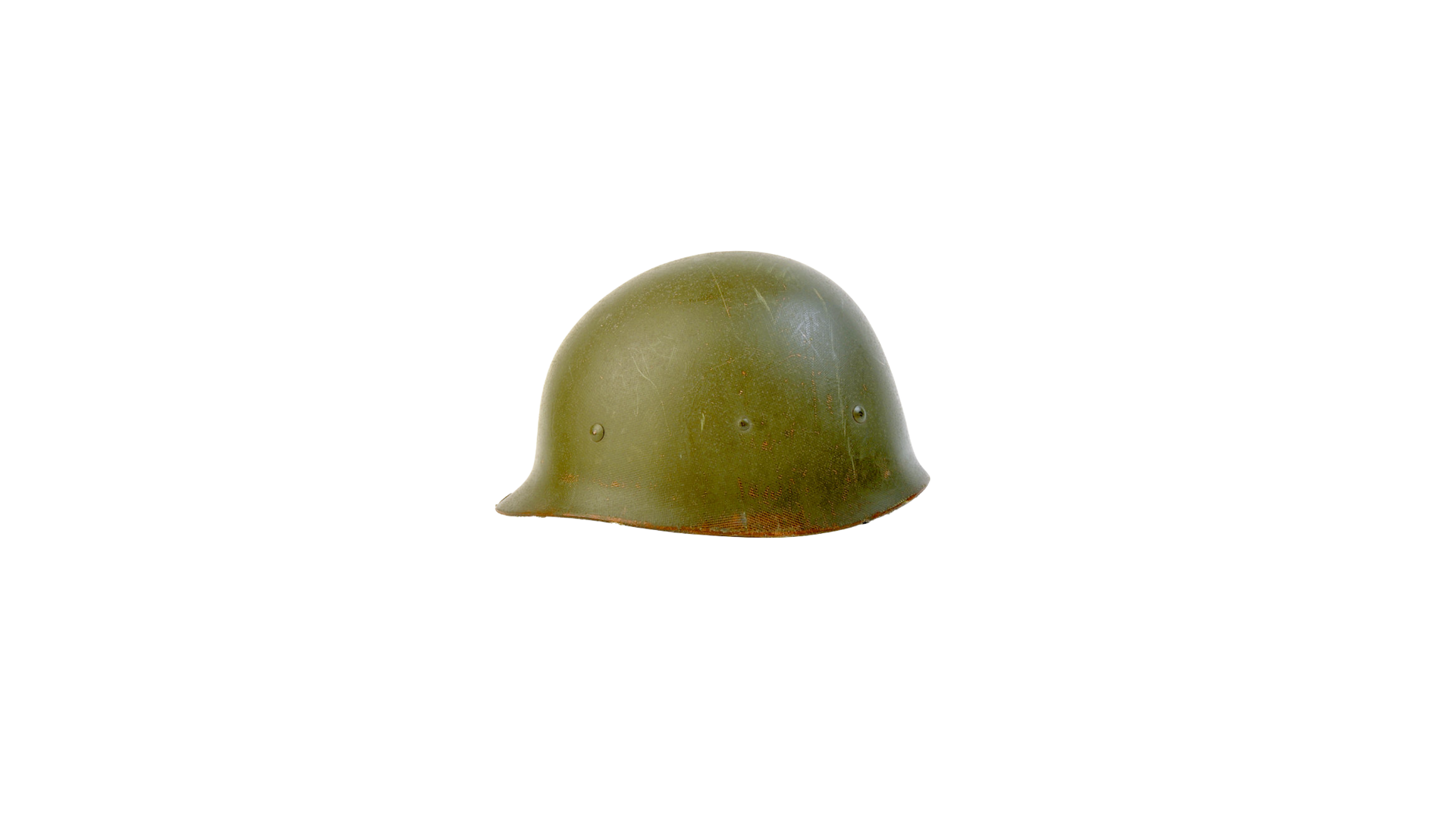Vintage military helmet, olive green in color, isolated on black background.