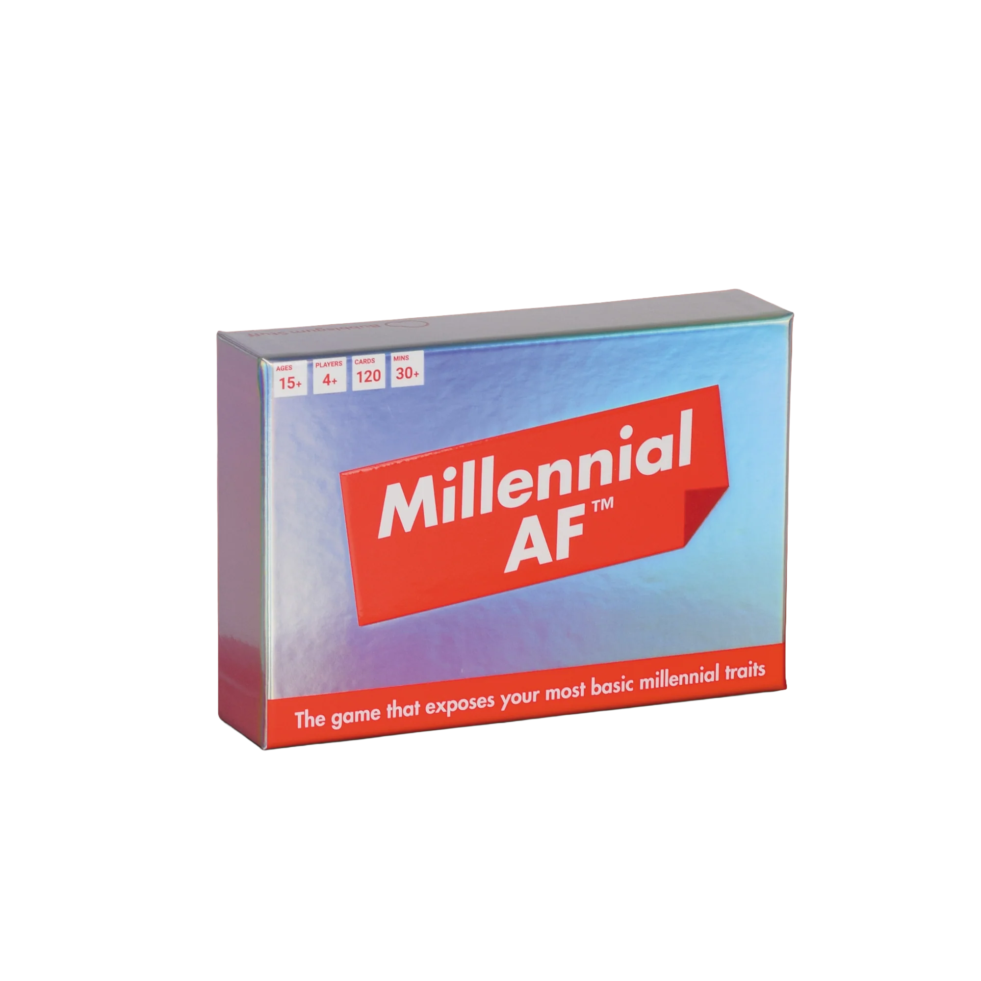 Close-up of a board game box titled 'Millennial A.F.' with age and player information on the top left and bottom edges.