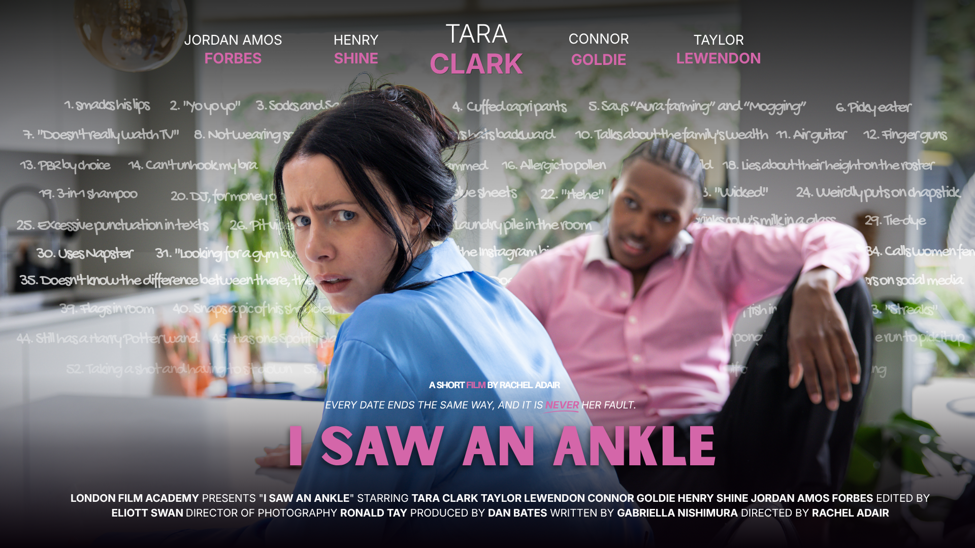 Promotional poster for a short film titled 'I Saw an Ankle' featuring two women, one with dark hair and a blue shirt looking surprised or confused, the other with braided hair and a pink shirt talking in the background. The poster includes a list of character names and film credits.