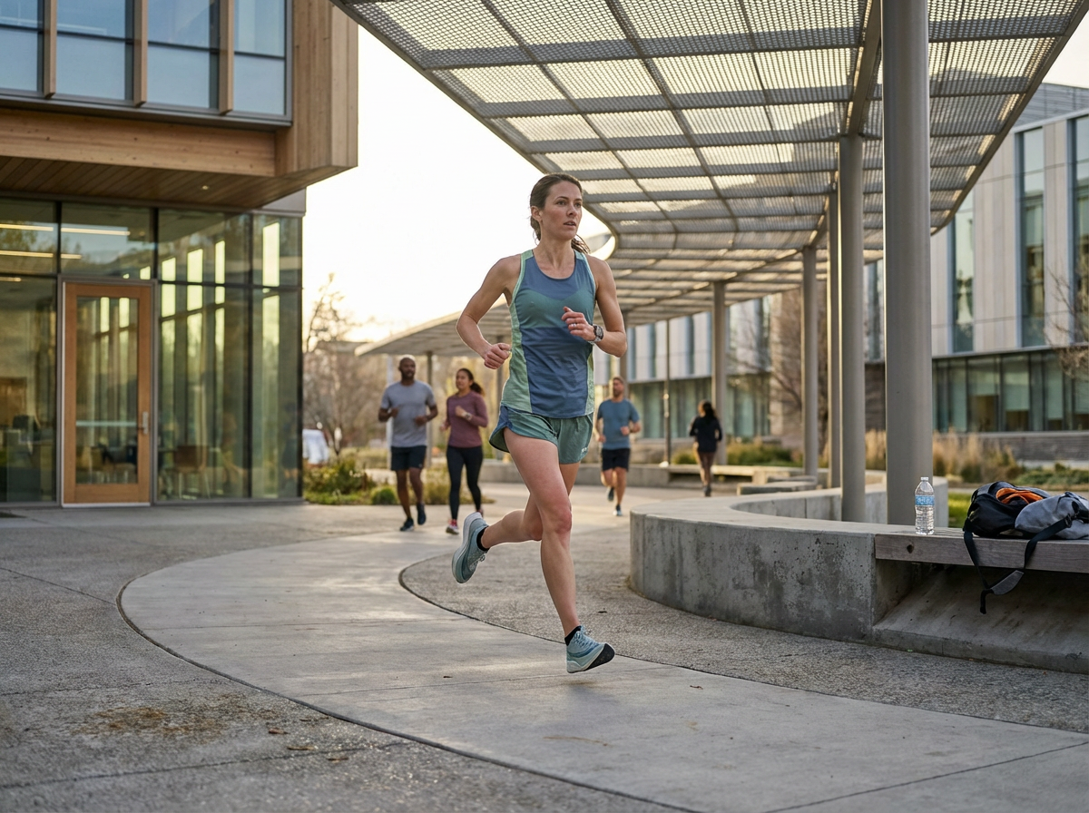 A woman running on a curved sidewalk outside a modern building with several other people jogging in the background.