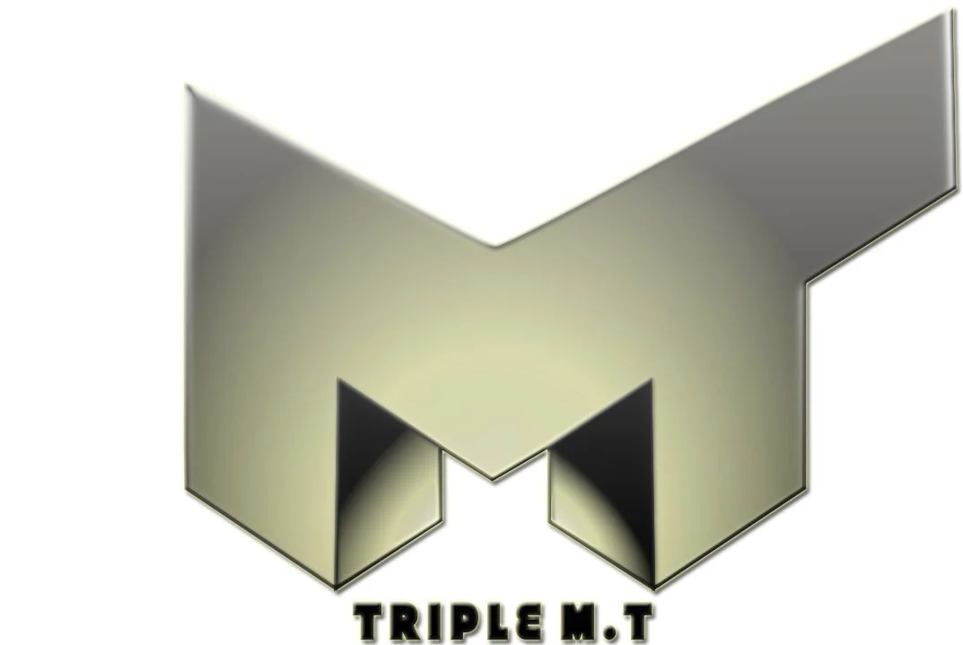 A metallic, 3D letter 'M' with a reflective surface and a shadow, with the words 'TRIPLE M.T' below in bold black font.
