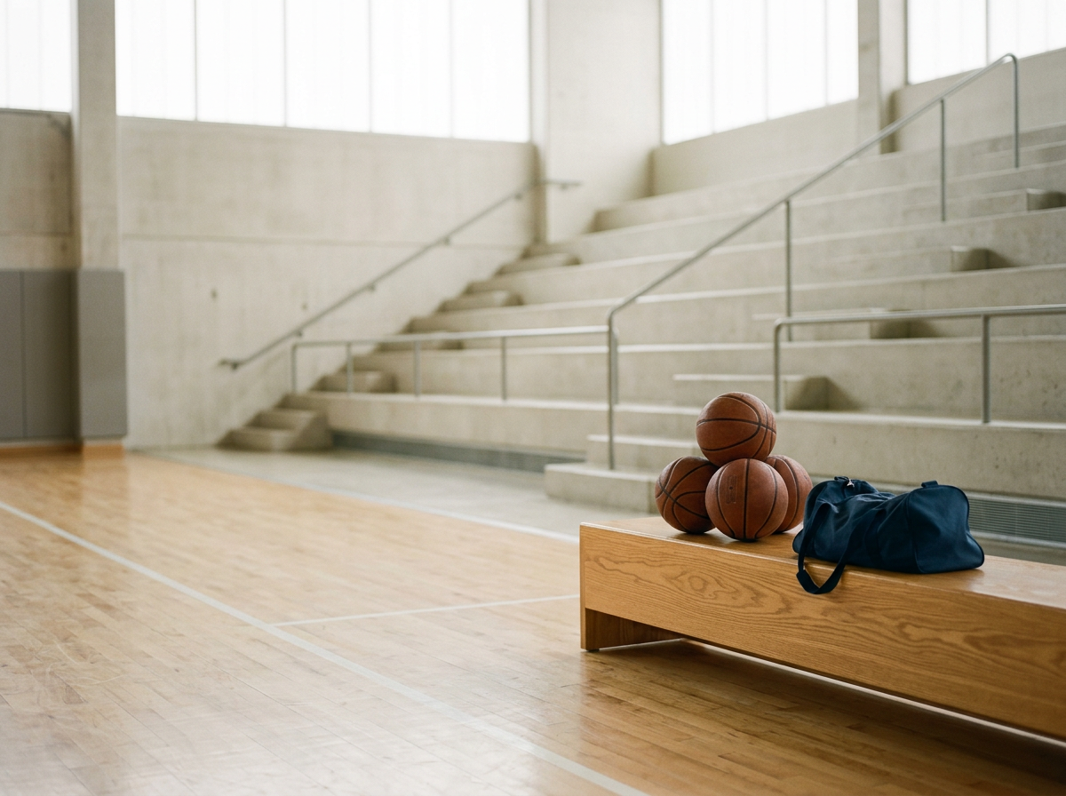 Basketballs and a sports bag on a wooden bench in an indoor gymnasium with empty bleachers.