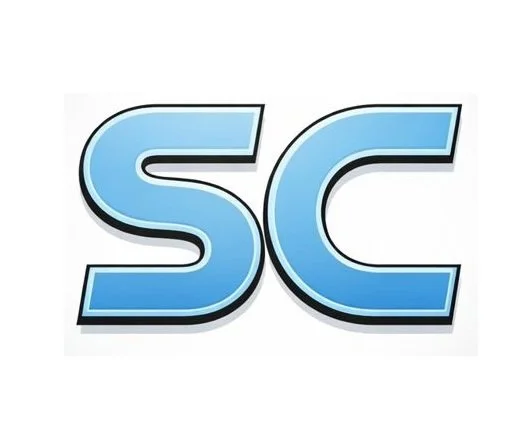 Light blue letters 'SC' with black outline on a white background.