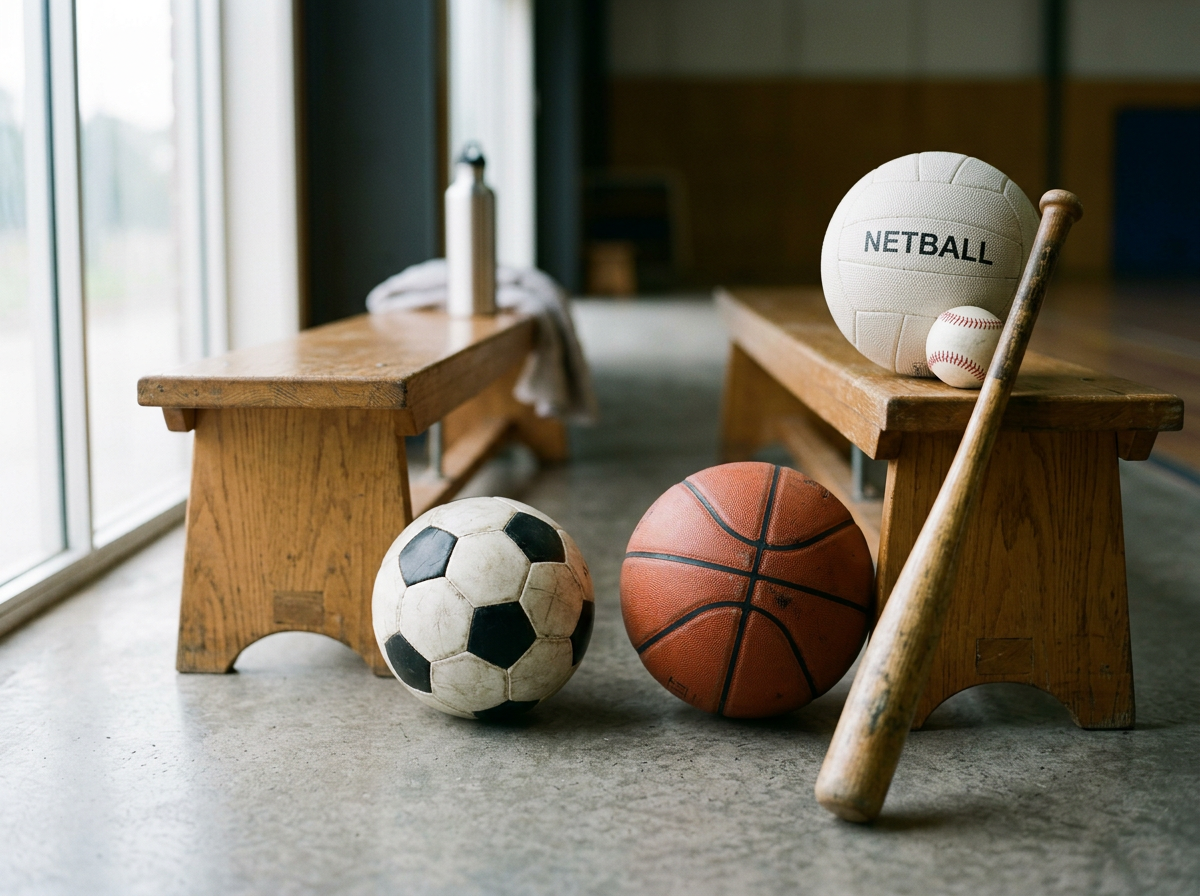 Basketball, soccer ball, volleyball, and baseball placed on and near wooden benches inside a gym.