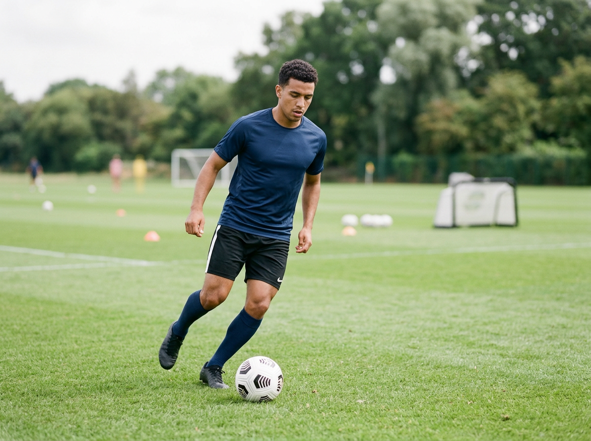 A young man in a dark blue sports shirt, black shorts, and dark blue socks plays soccer on a grass field. He is about to kick a white and black soccer ball. The background shows a soccer goal, some practice cones, and other players in the distance, with trees and greenery surrounding the field.
