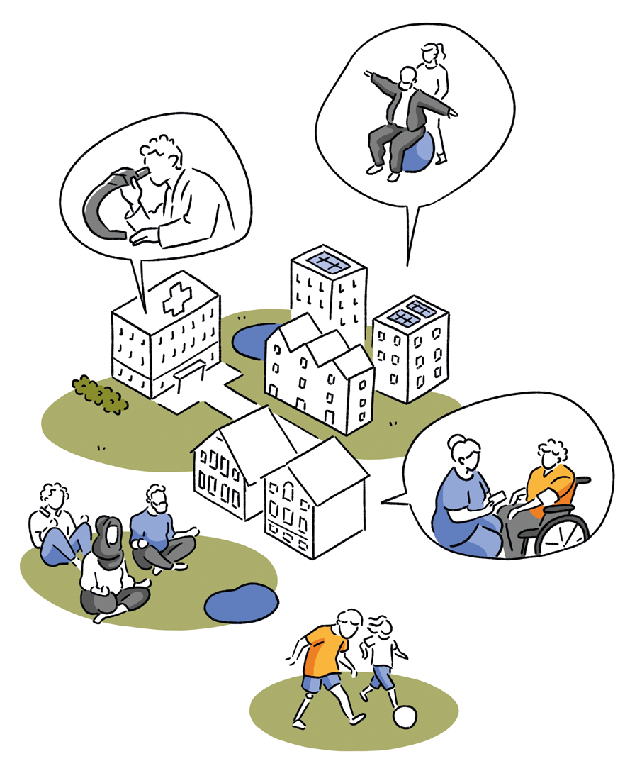 Isometrische Illustration zur Stadtentwicklung Oldenburg 2050 - Gesundheit und Pflege