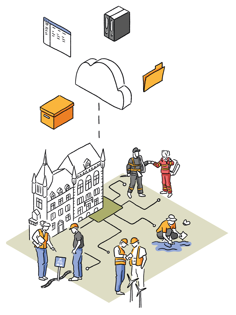 Isometrische Illustration zur Stadtentwicklung Oldenburg 2050 - Dynamische Verwaltung