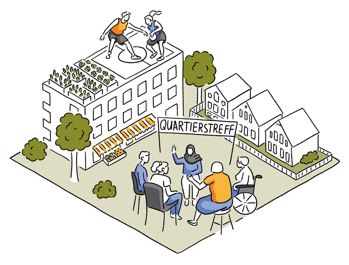 Isometrische Illustration zur Stadtentwicklung Oldenburg 2050 - Quartierstreff
