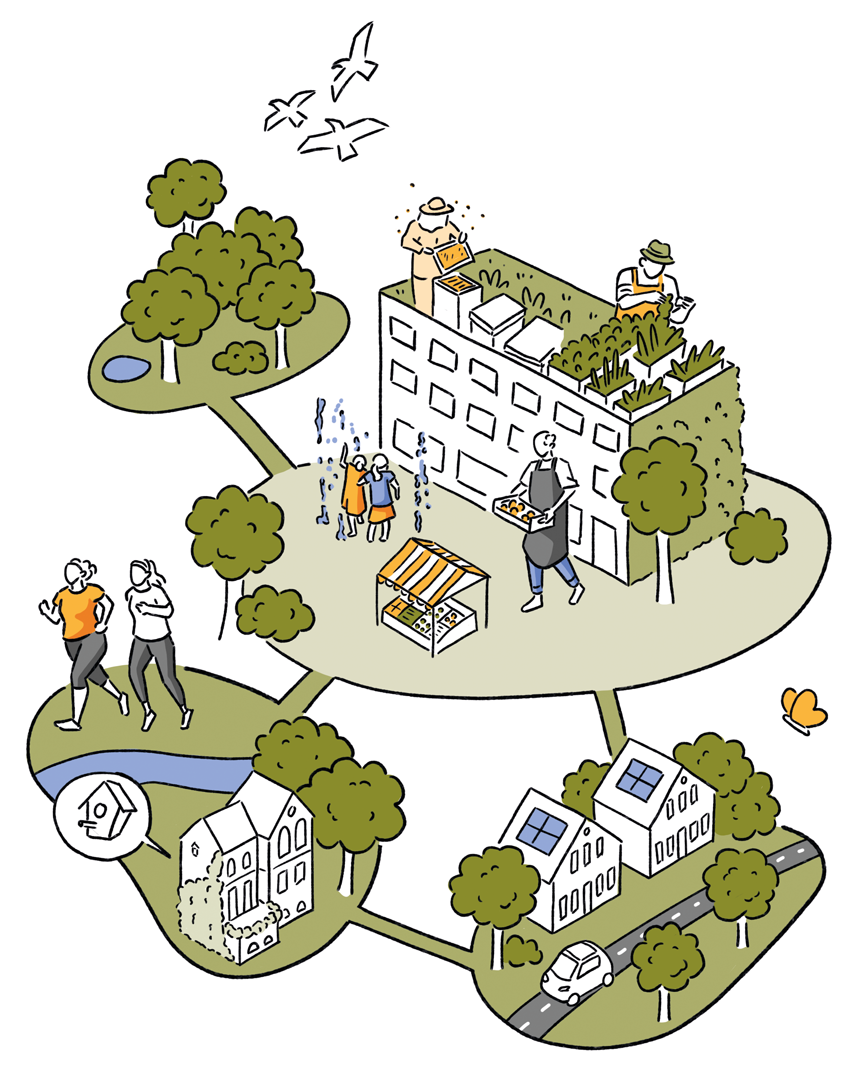 Isometrische Illustration zur Stadtentwicklung Oldenburg 2050 - Grüne Stadtlandschaft