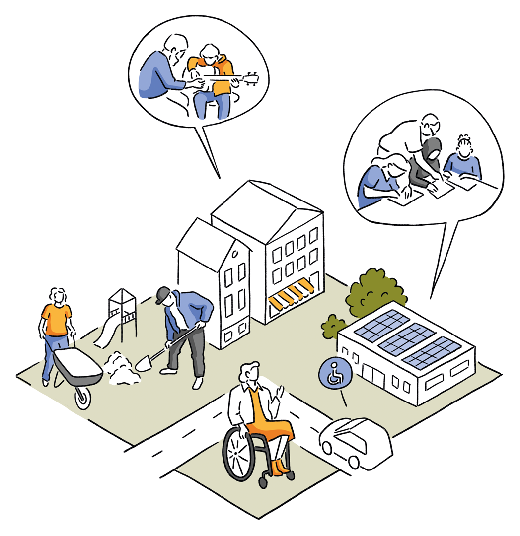 Isometrische Illustration zur Stadtentwicklung Oldenburg 2050 - Gelebte Wir-Kultur