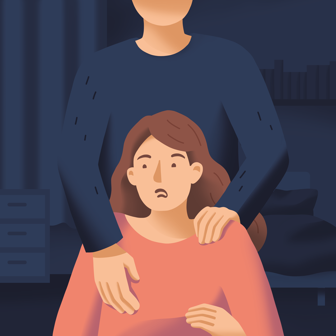 Mann steht bedrohlich hinter Frau. Vektor Illustration.