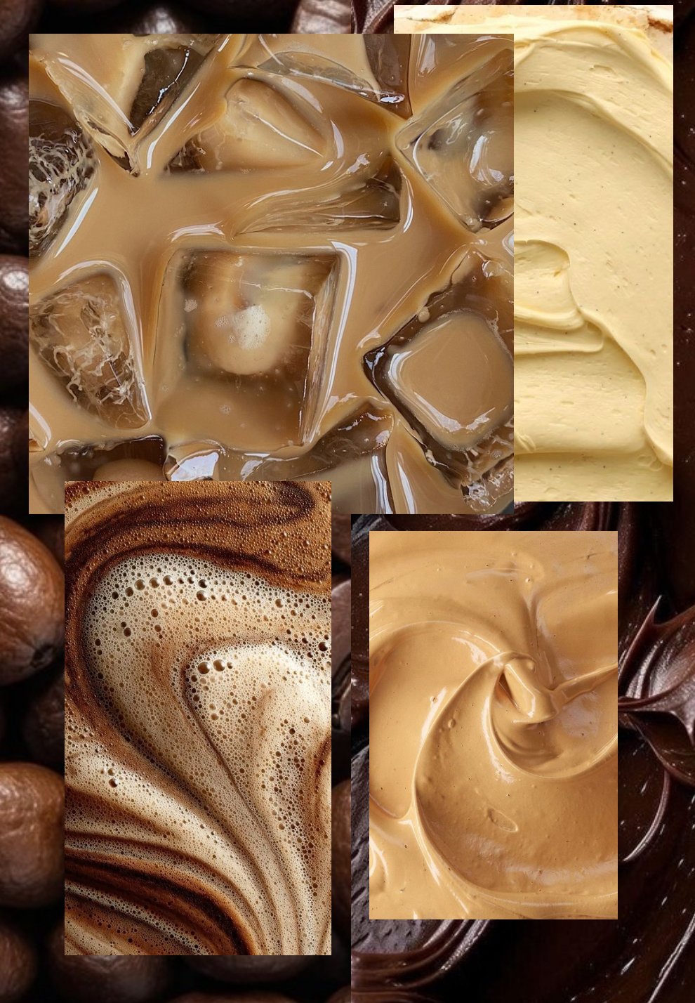 Collage of coffee-related images including iced coffee with ice cubes, creamy coffee mousse, hot cappuccino with foam, and swirled latte art.