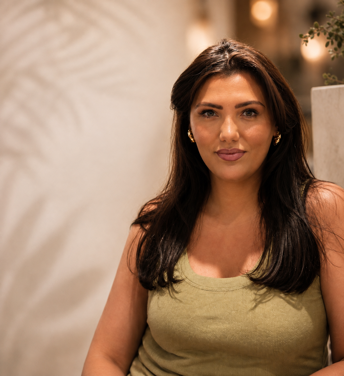A woman with long dark hair, wearing a sleeveless beige top and gold earrings, looking at the camera with a slight smile, in an indoor setting with warm lighting.