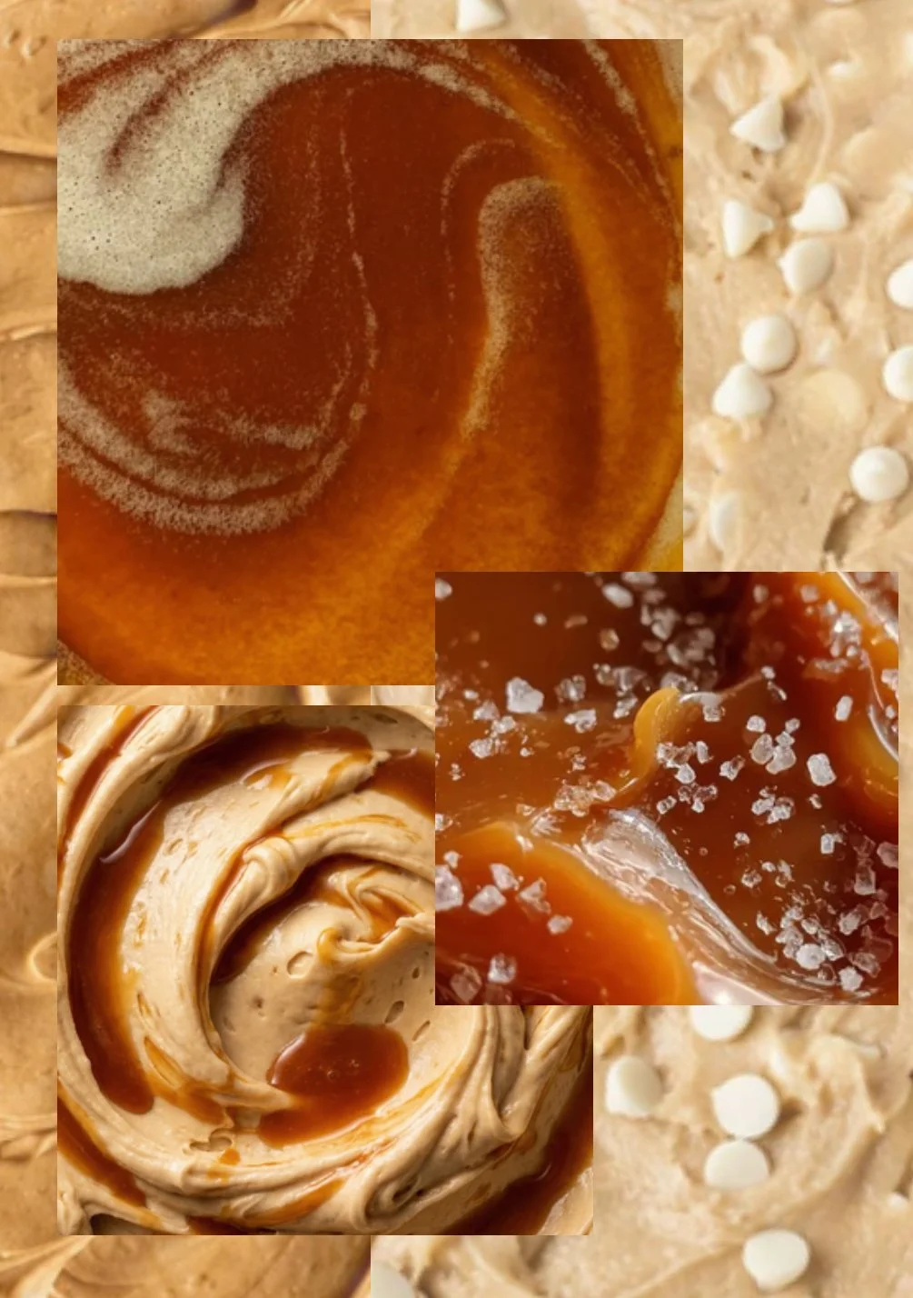 Close-up of caramel, whipped cream, sea salt, and swirled caramel sauce on different desserts.