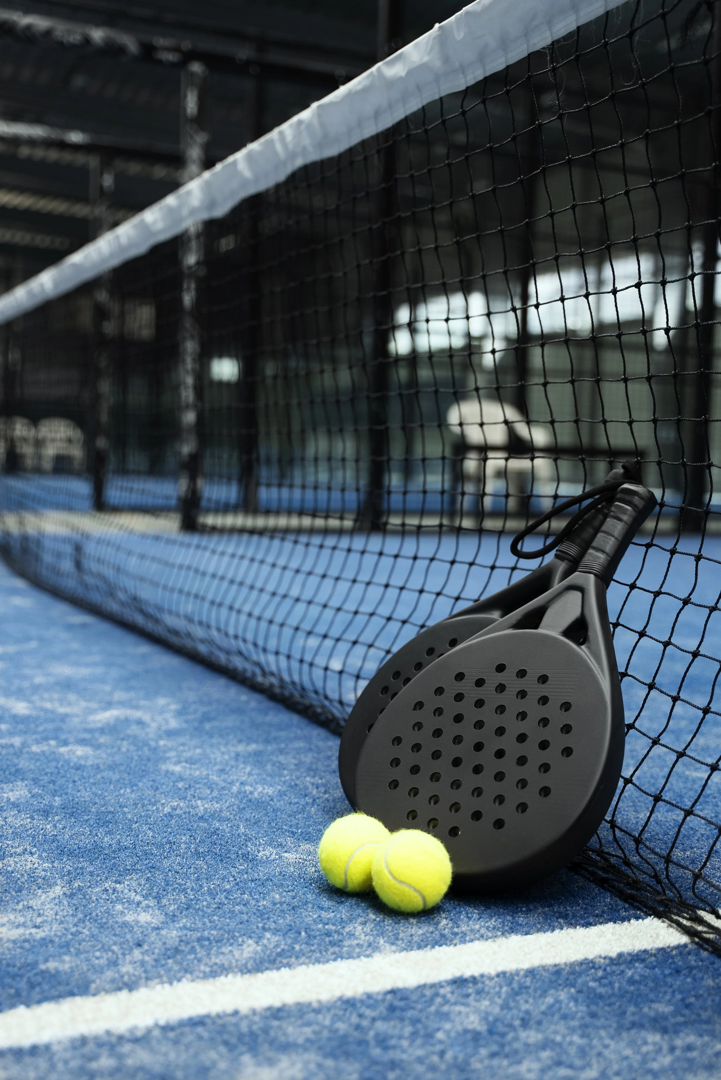 Tennis court with tennis balls, paddle, and net under indoor roof.