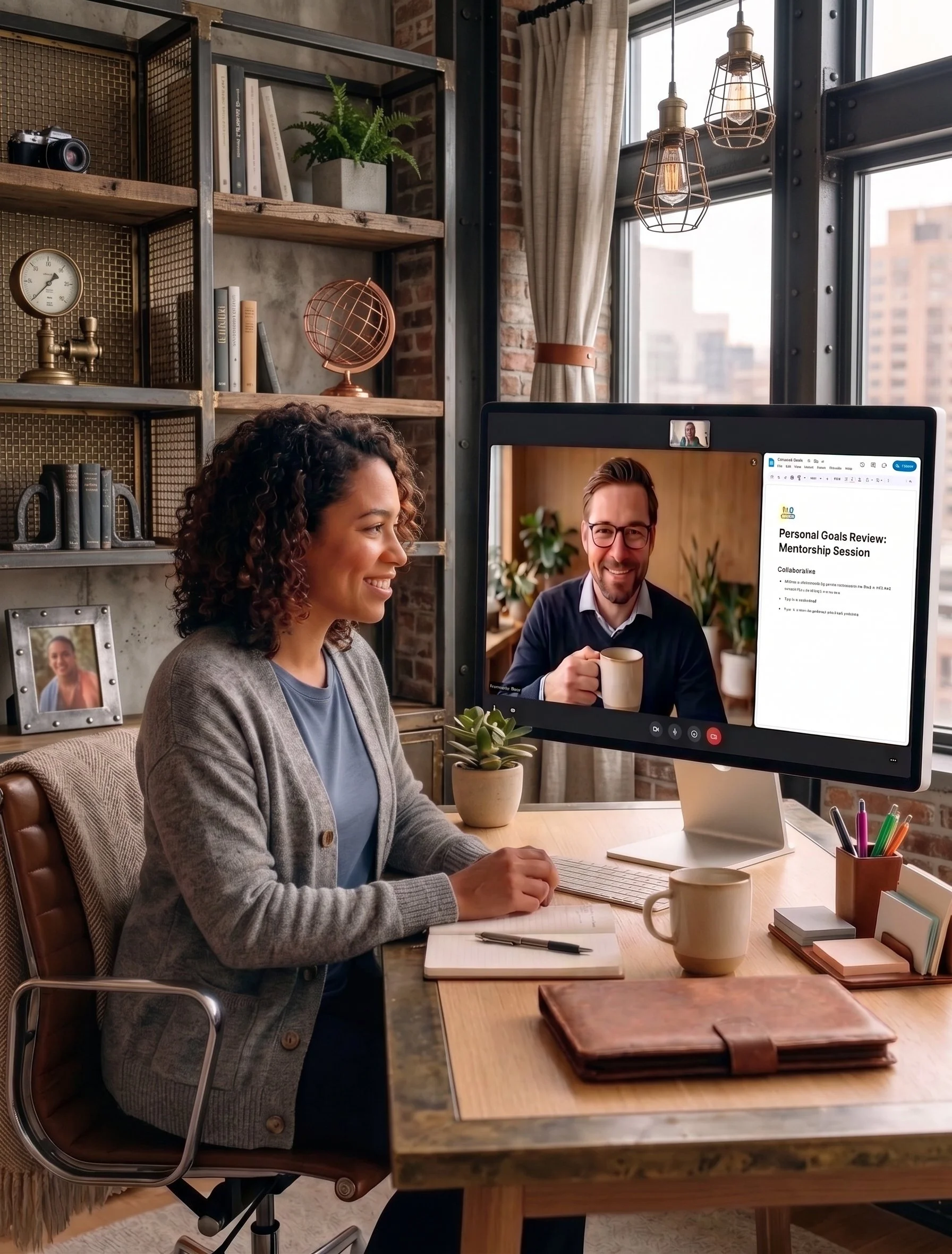 A woman with curly hair smiling while sitting at a wooden desk with a computer monitor, writing on a notebook, with a man on video call on the screen. The office has a bookshelf with books, a plant, a globe, and some framed photos, with a large window and industrial-style hanging lights.
