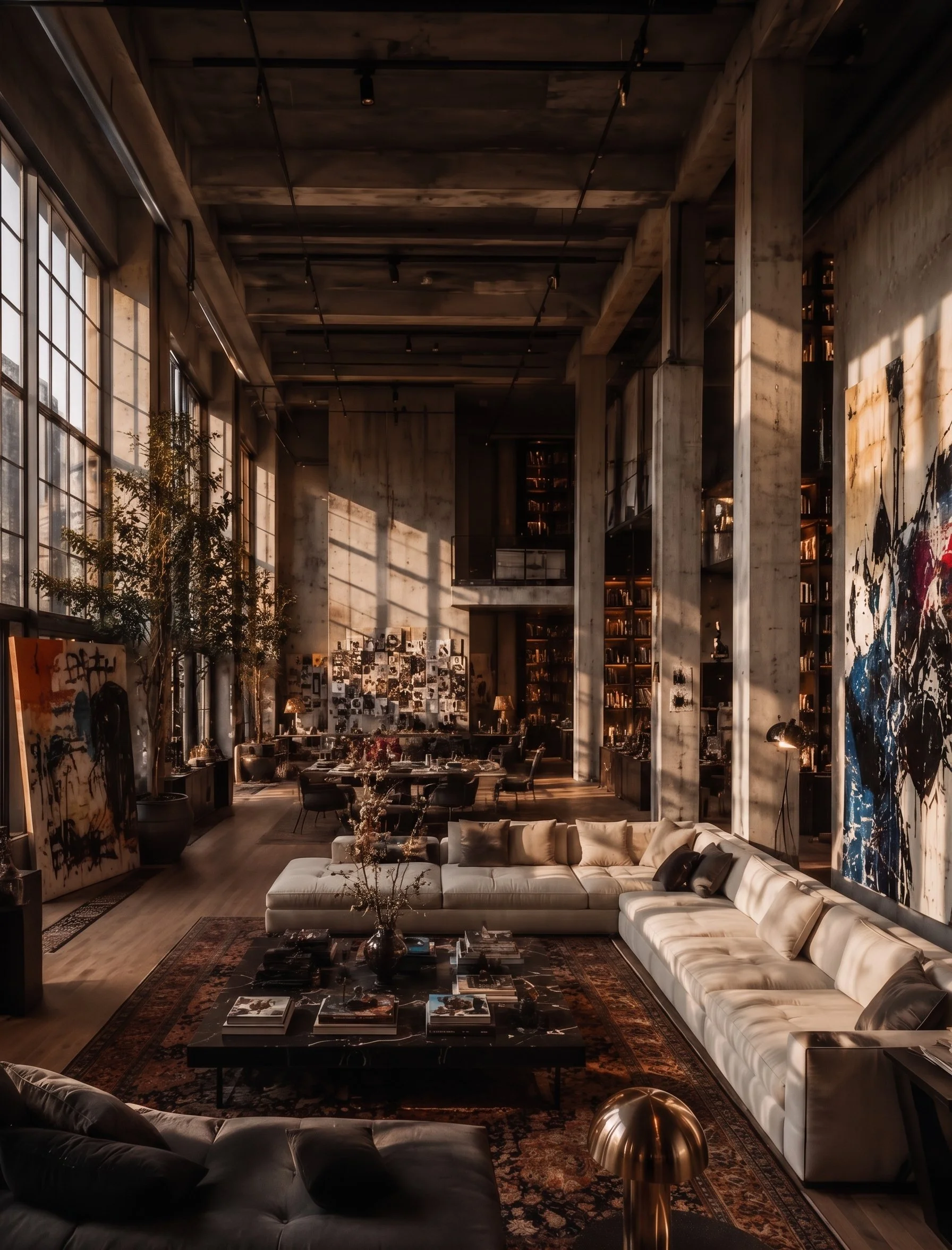 Interior of a spacious, modern living area with large windows, high ceilings, and a mix of contemporary furniture including a sectional sofa, armchairs, and tables, decorated with art and books.