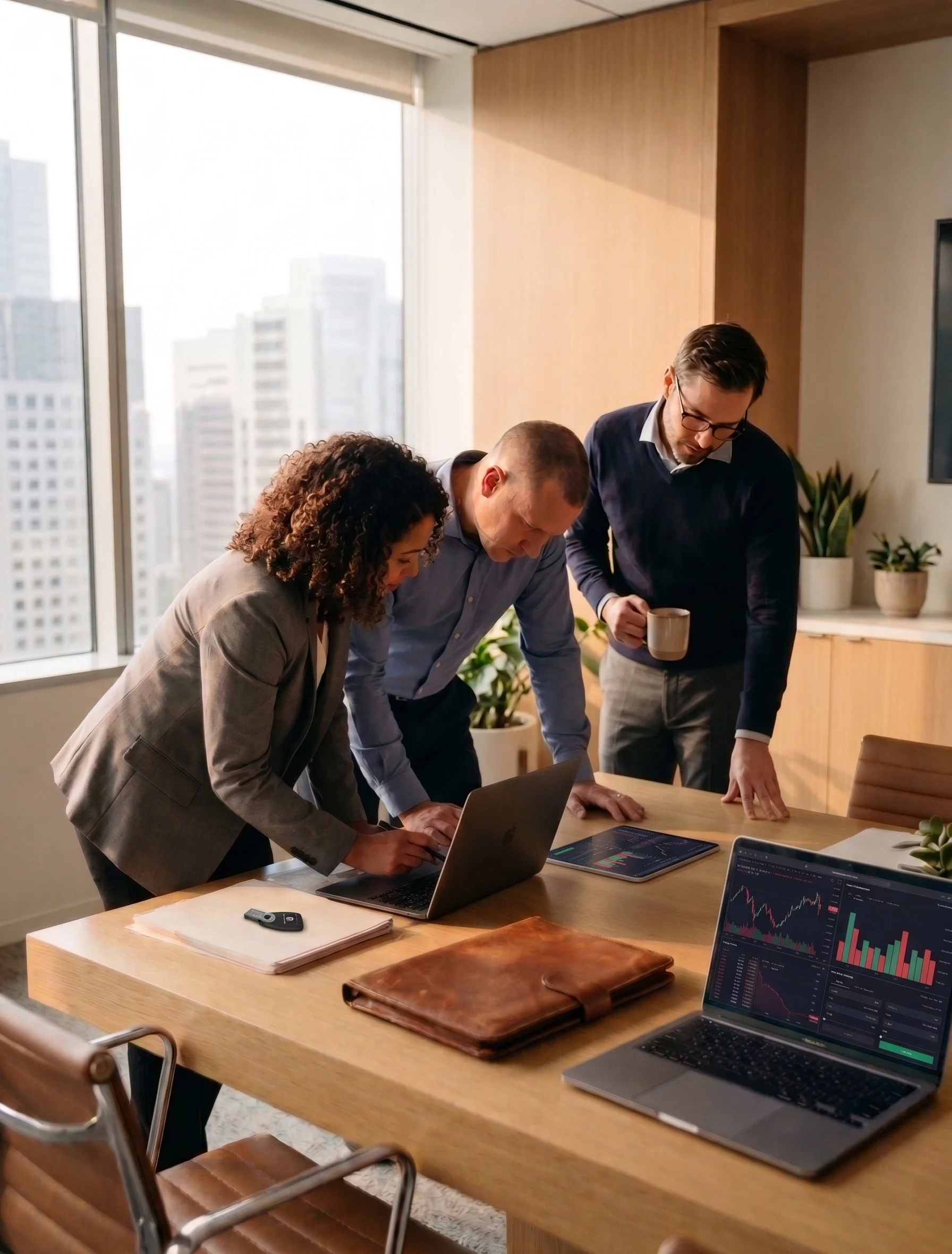 Three business professionals are gathered around a conference table, working on a laptop and reviewing financial data on screens, in a modern office with a city skyline view.