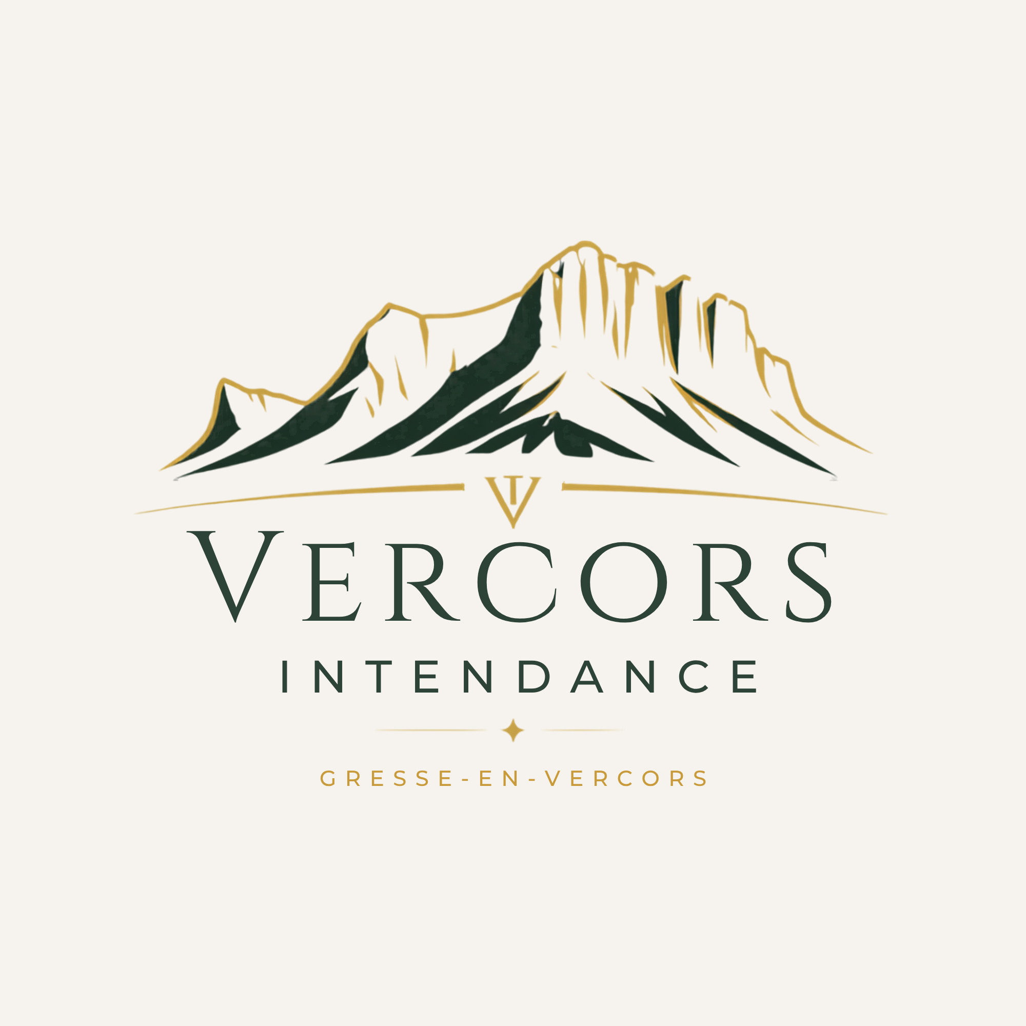 Logo minimaliste d'une montagne avec le nom 'Vercors' en dessous, inscription 'entre Gresse-en-Vercors'.