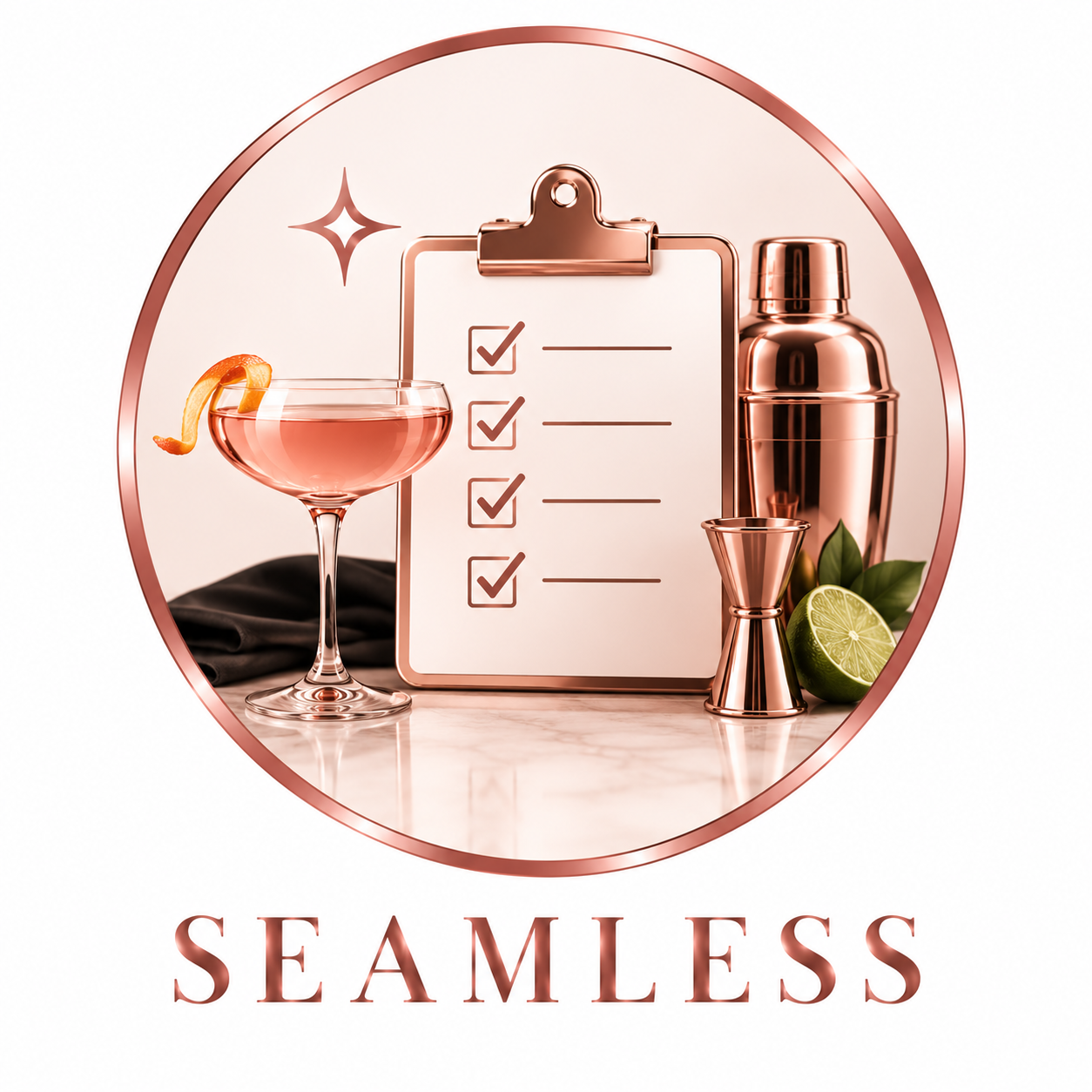A cocktail glass with a lemon twist, a clipboard with checked tasks, a cocktail shaker, a lime half, a jigger, and a cocktail tin, all in a rose gold theme with the word 'Seamless' beneath.