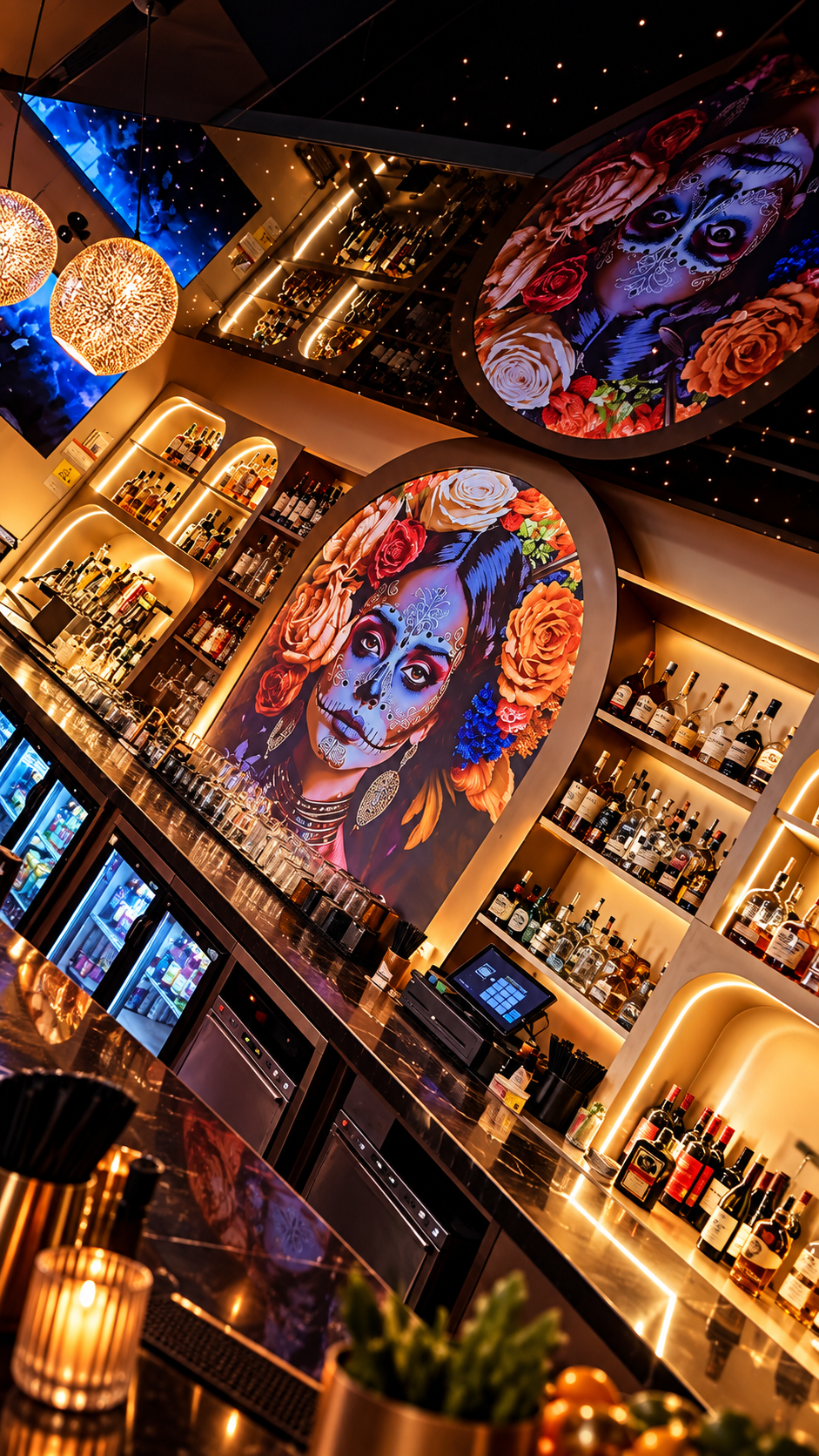 Interior of a bar with vibrant wall art depicting a woman with Dia de los Muertos face paint surrounded by flowers.