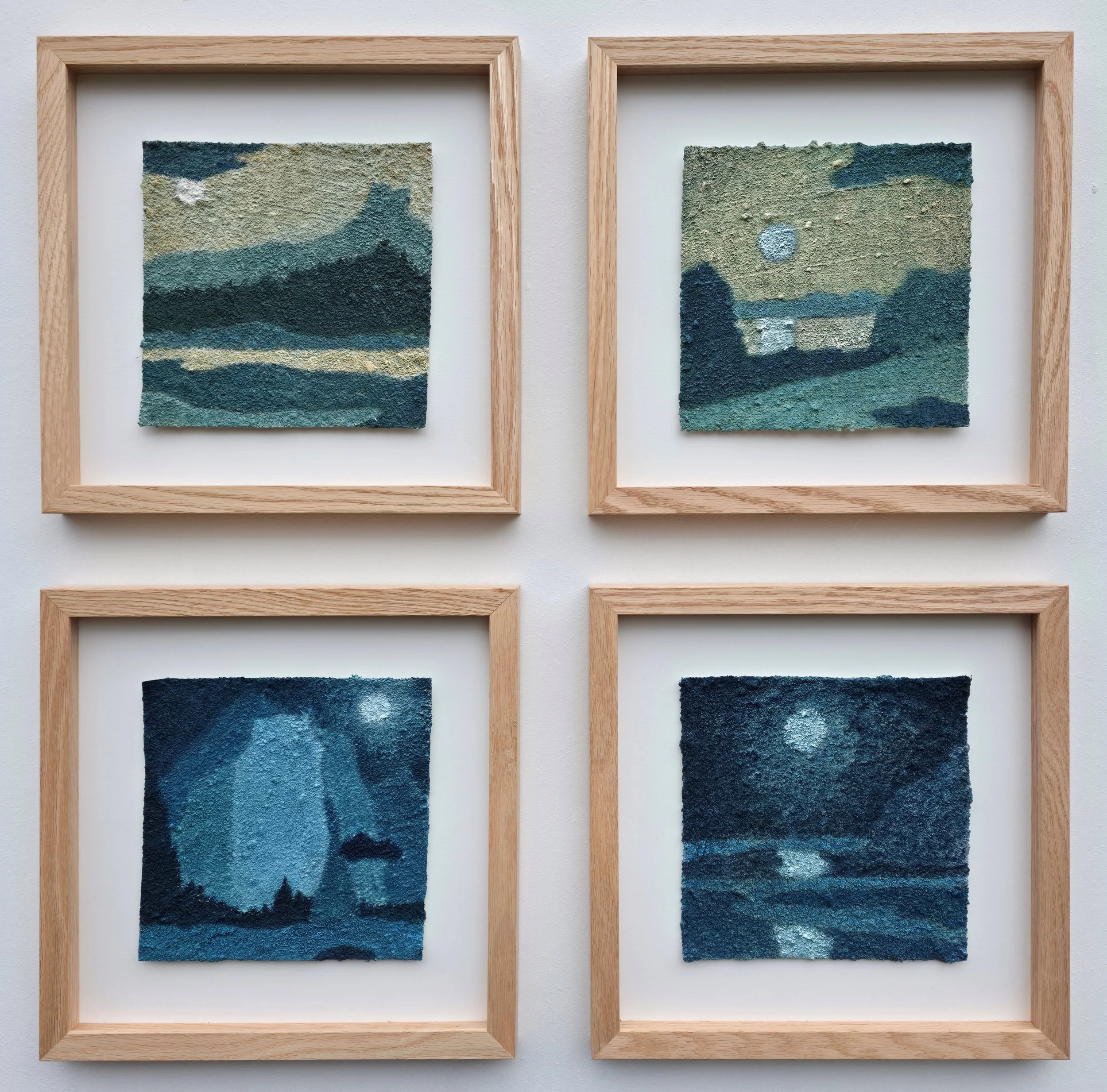 'blu - I-IV' // oil, granite & sand on unstretched canvas framed in oak // 18,5 x 18,5 cm // 33 x 33 cm (framed)