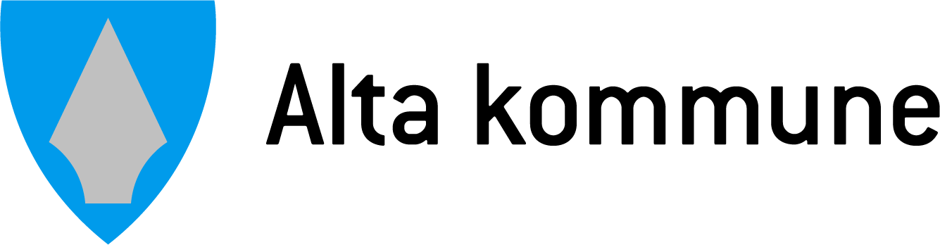 Logo av Alta kommune, med en blå skjoldformet bakgrunn og en grå pil i midten.