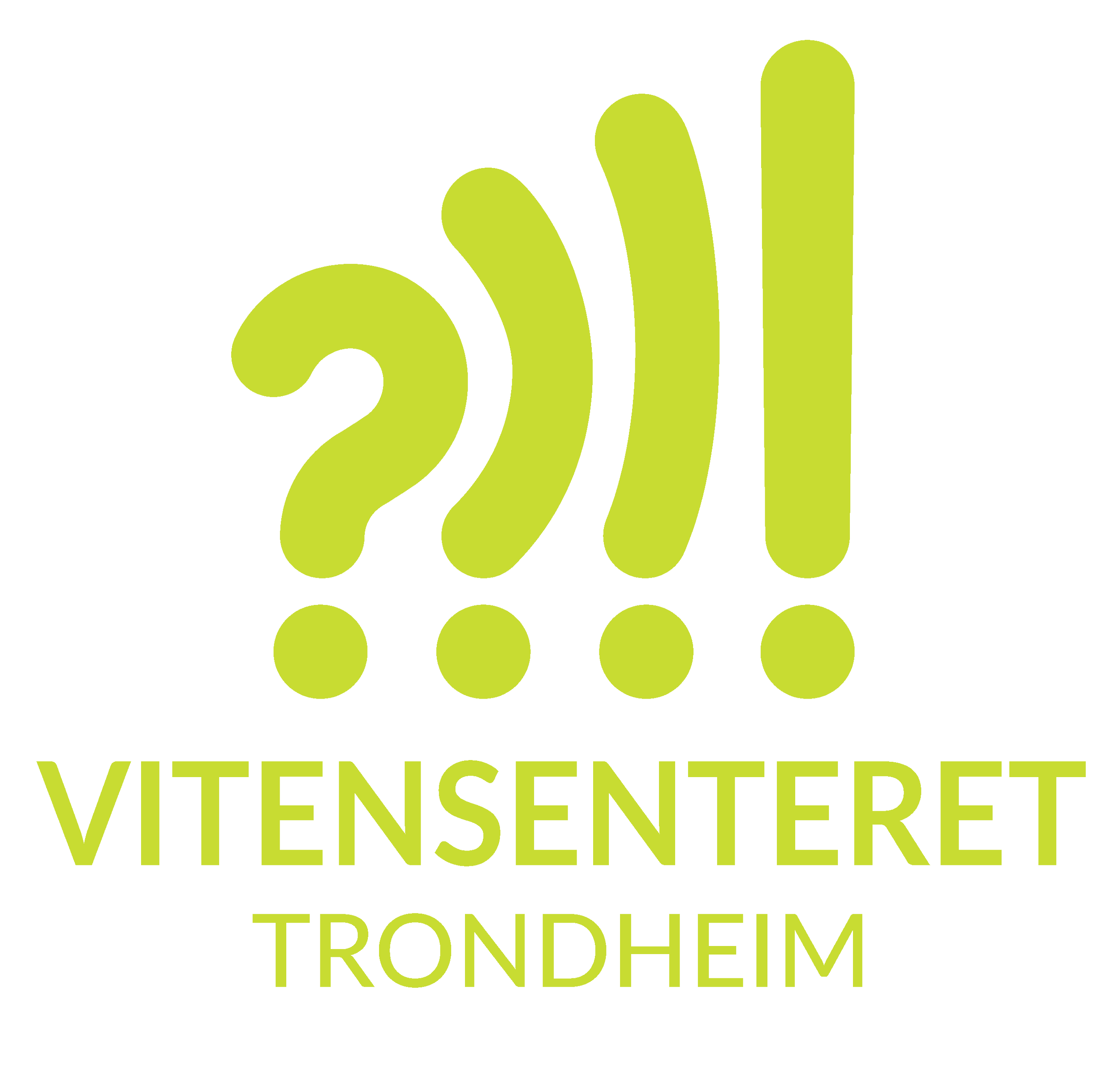 Bilde av logoen til Vitensenteret Trondheim og en grafisk illustrasjon av spørsmålstegn som blir til utropstegn i limegrønt.