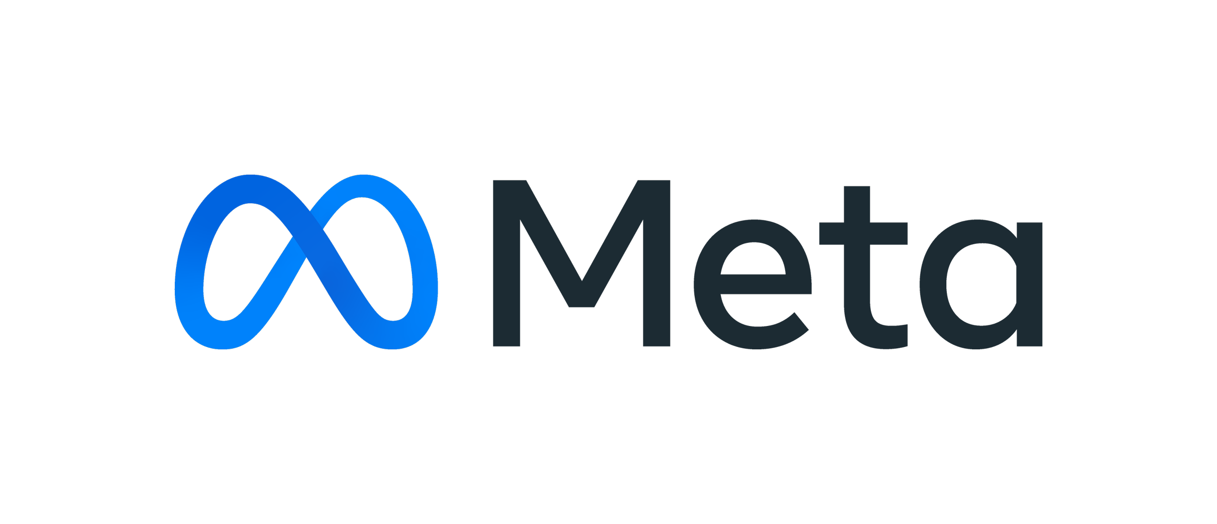 Logo for Meta, selskapets navn i svart tekst med en blå sammenflettet symbol til venstre.