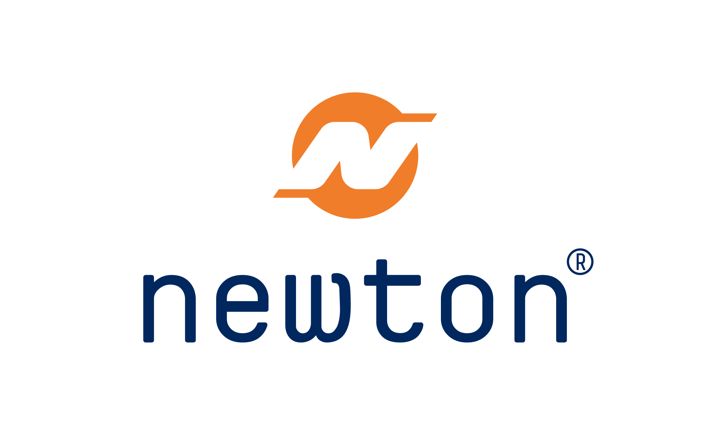 Logo for Newton med en orange sirkel og hvit N-form i midten. Navnet 'Newton' står under logoen i blå tekst.