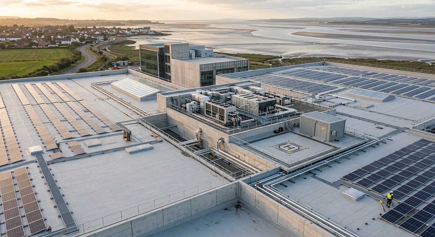 Aerial view of a large commercial building with solar panels on the roof, located near a body of water with a town and roads in the background.