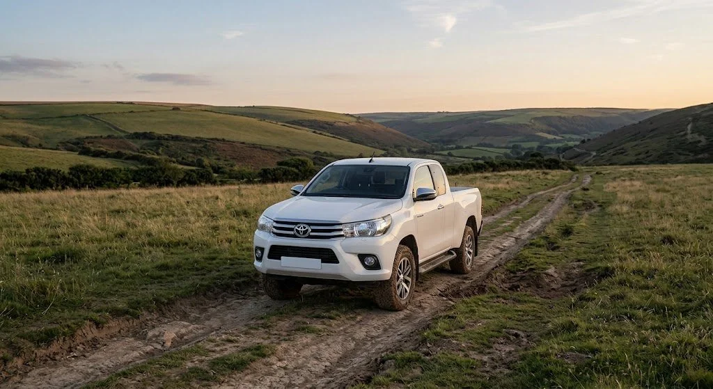 A white pickup truck parked on a dirt trail in a green countryside landscape with rolling hills under a partly cloudy sky.