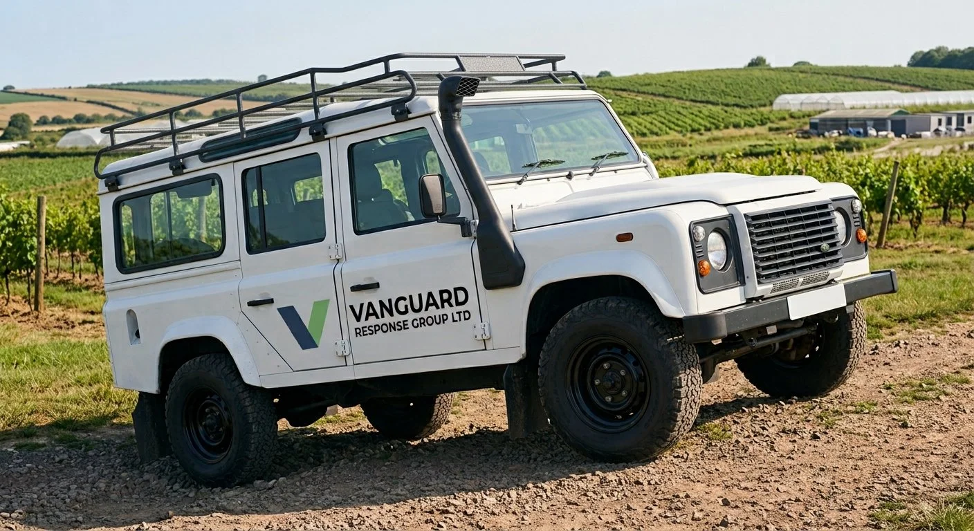A white off-road utility vehicle with Vanguard Response Group LTD logo parked on a dirt path in a vineyard with green rows of grapevines and hills in the background.