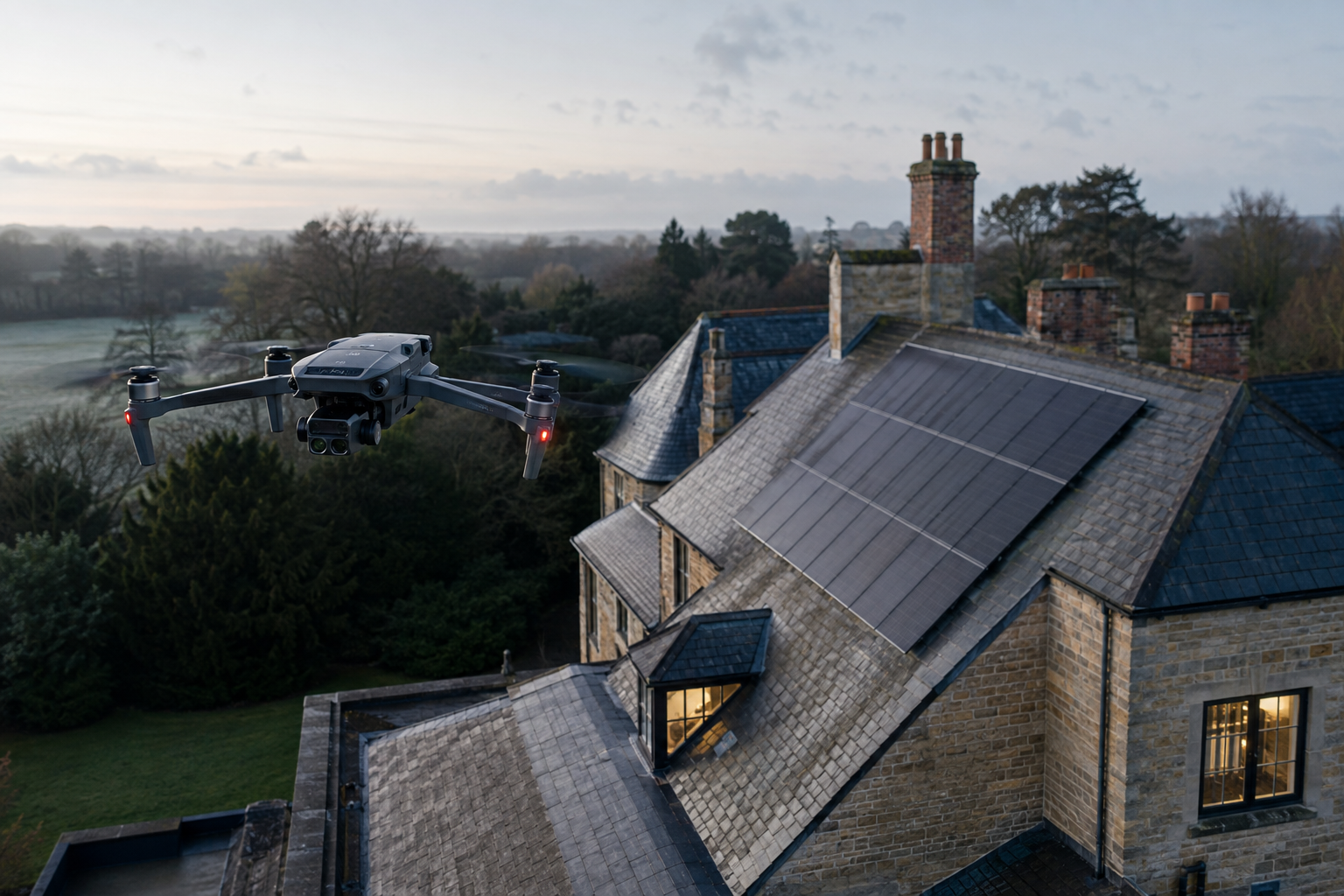 Professional drone inspecting a rural property's roof and solar panels