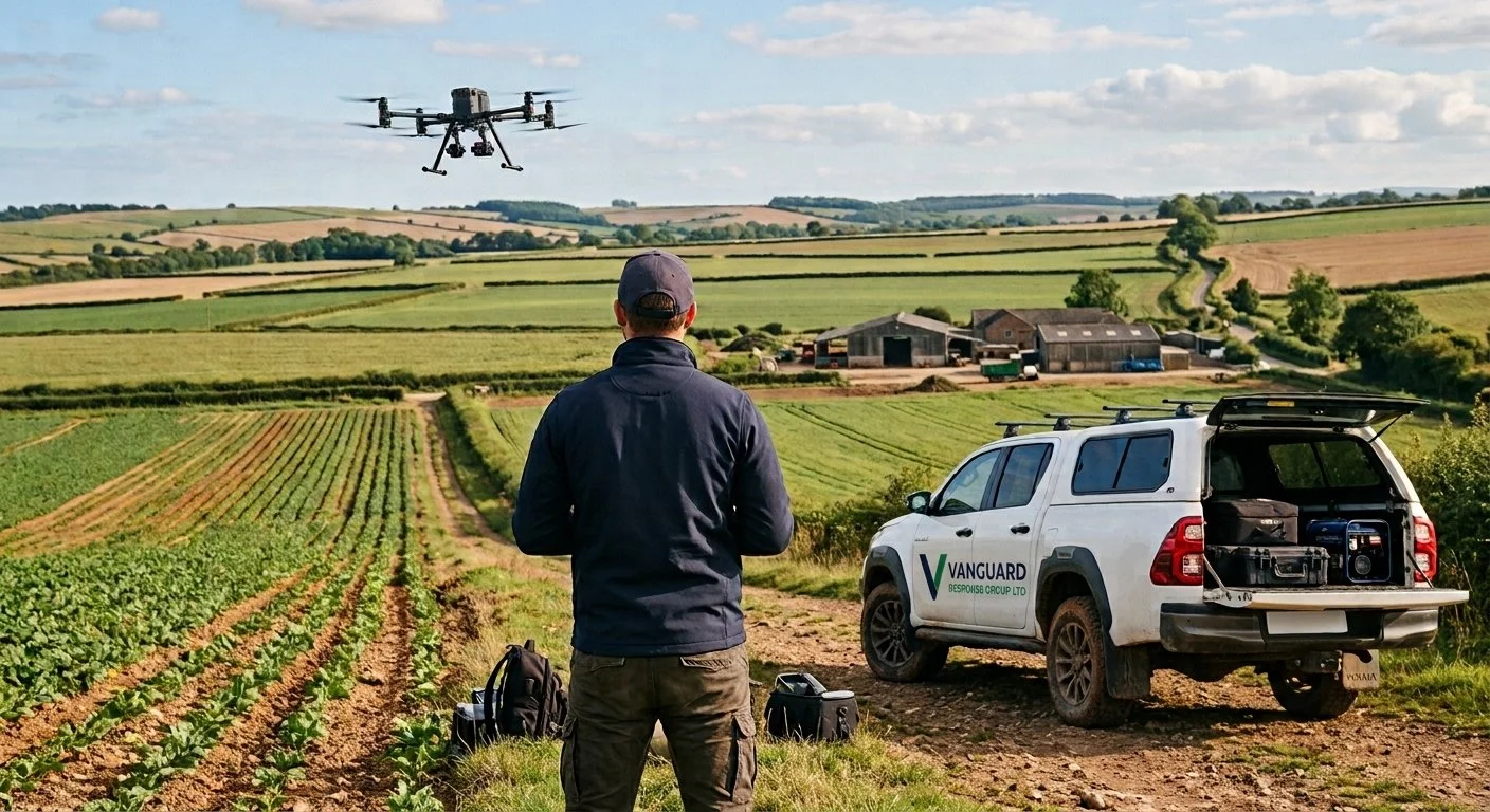 A person operating a drone in a rural farmland landscape with green fields and farm buildings, a white van, and a drone in the sky.