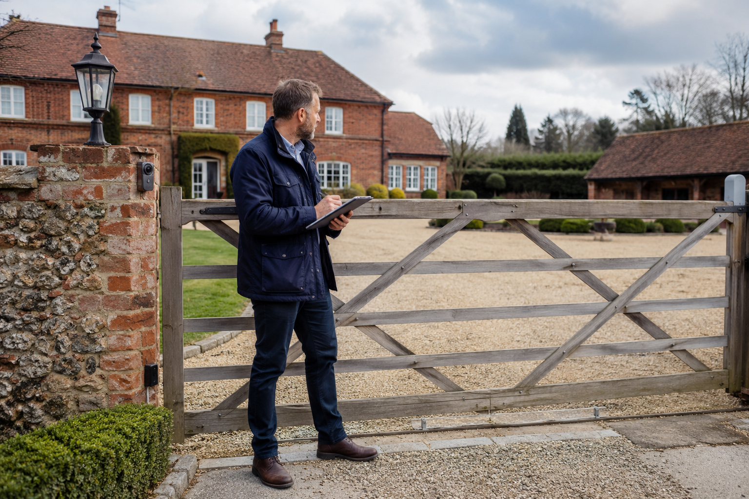 A man stands outside a gated entrance to a large brick house, holding a tablet and taking notes. The house features multiple windows and a red-tiled roof, with a well-kept lawn and bushes in the background. The sky is partly cloudy.