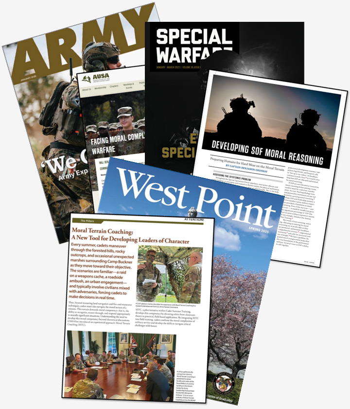 'ARMY Magazine' 'Special Warfare Magazine,' and 'West Point Magazine' featuring Moral Terrain Coaching.