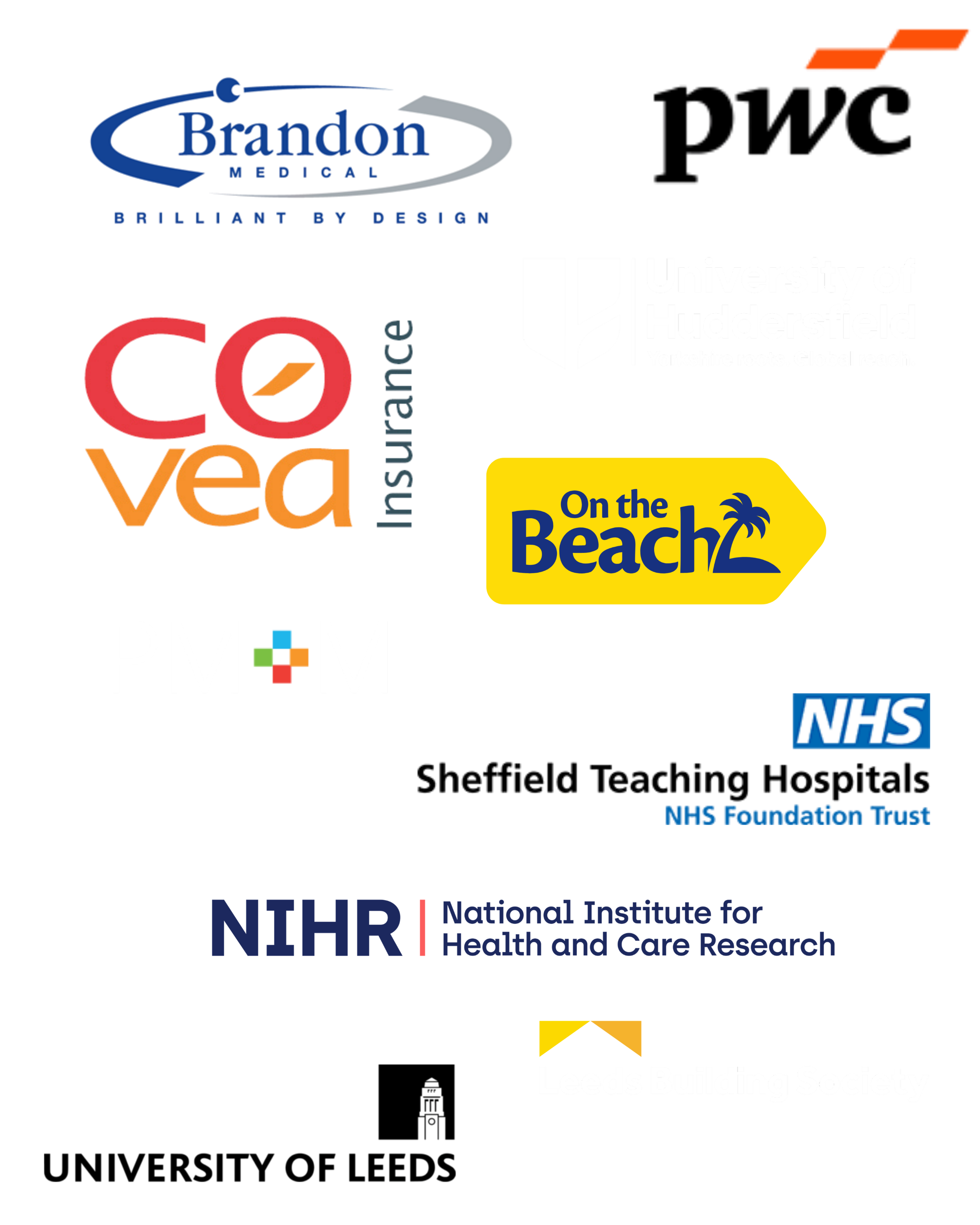 A collage of logos including Brandon Medical, University of Huddersfield, Leeds Building Society, NHS, and NIHR, among others, representing various organizations and institutions.