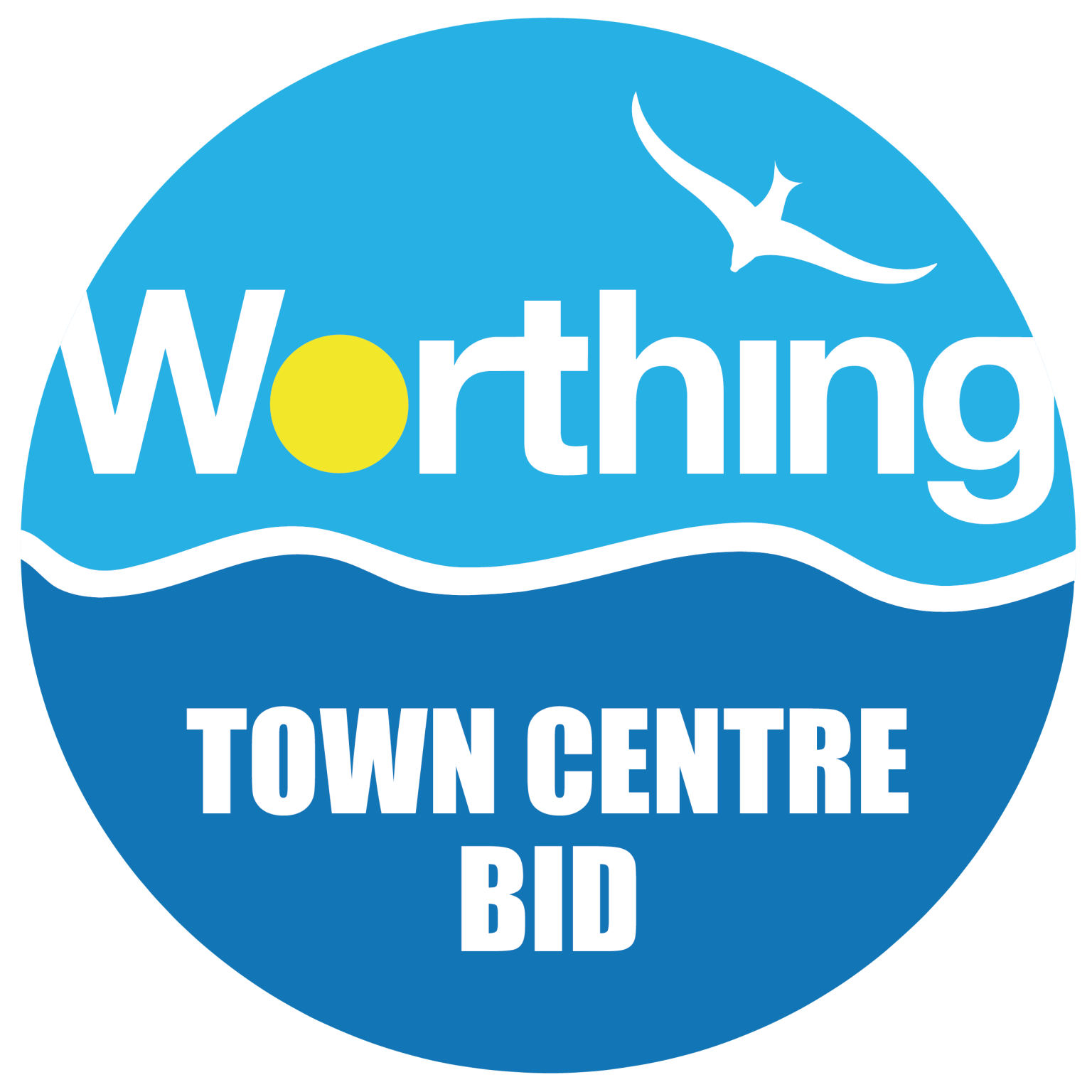 Logo for Worthing Town Centre BID with a white seagull flying above wavy lines on a blue background and text indicating it is for Worthing Town Centre BID.